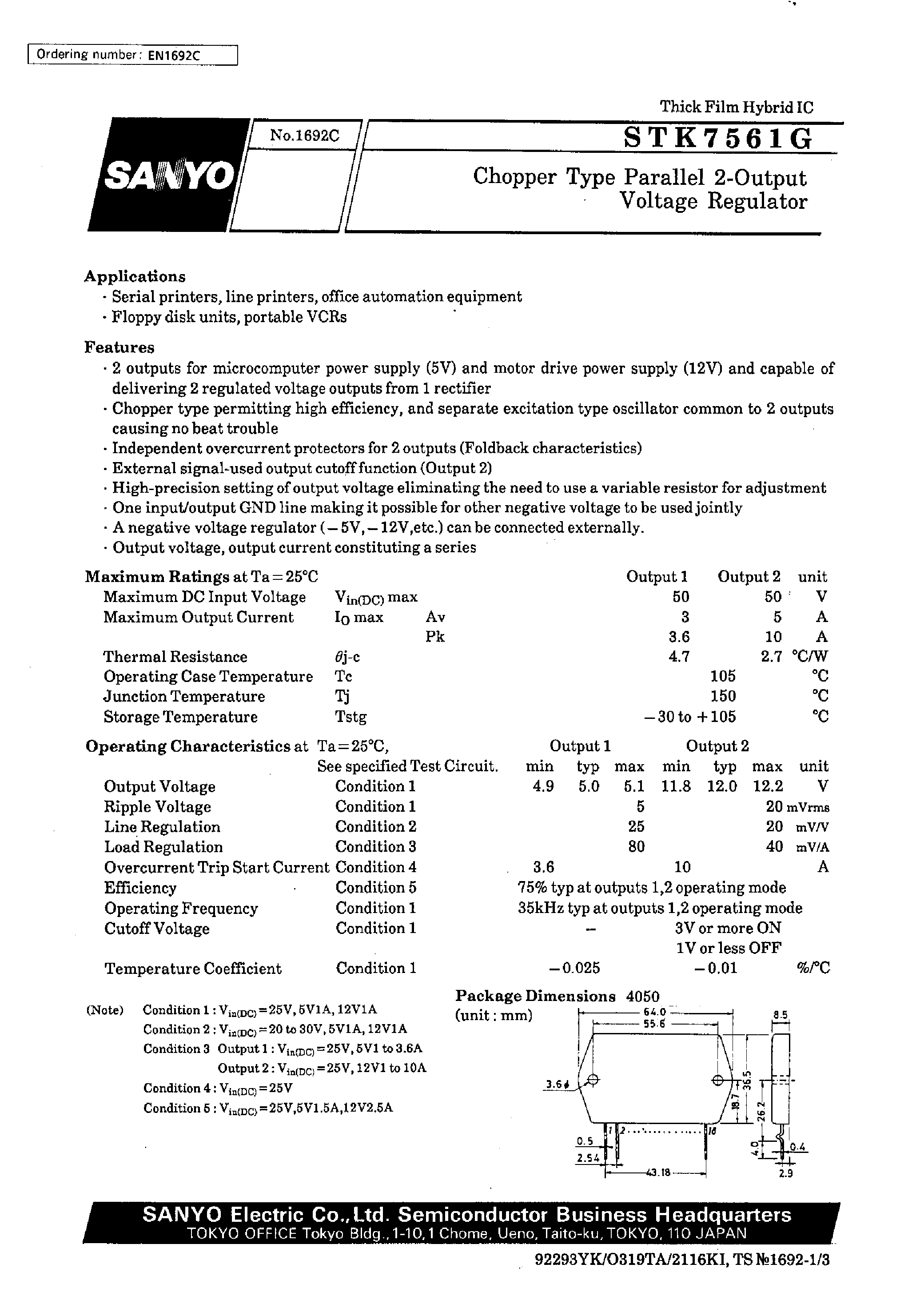 Datasheet STK7561G - Chopper Type Parallel 2-Output Voltage Regulator page 1
