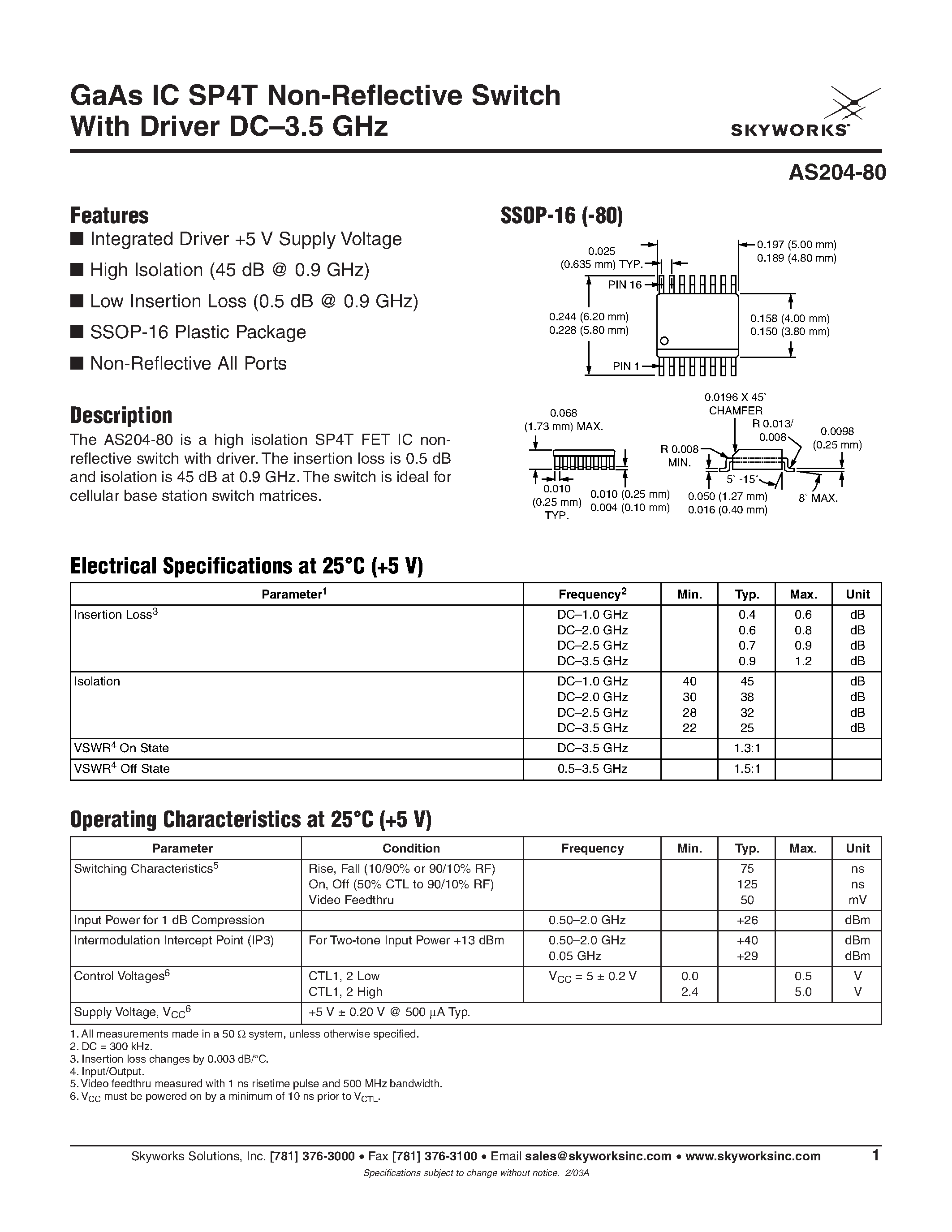 Даташит на микросхему AS204-80 страница 1 Даташит AS204-80 - GaAs IC SP4T Non-Reflective Switch страница 1