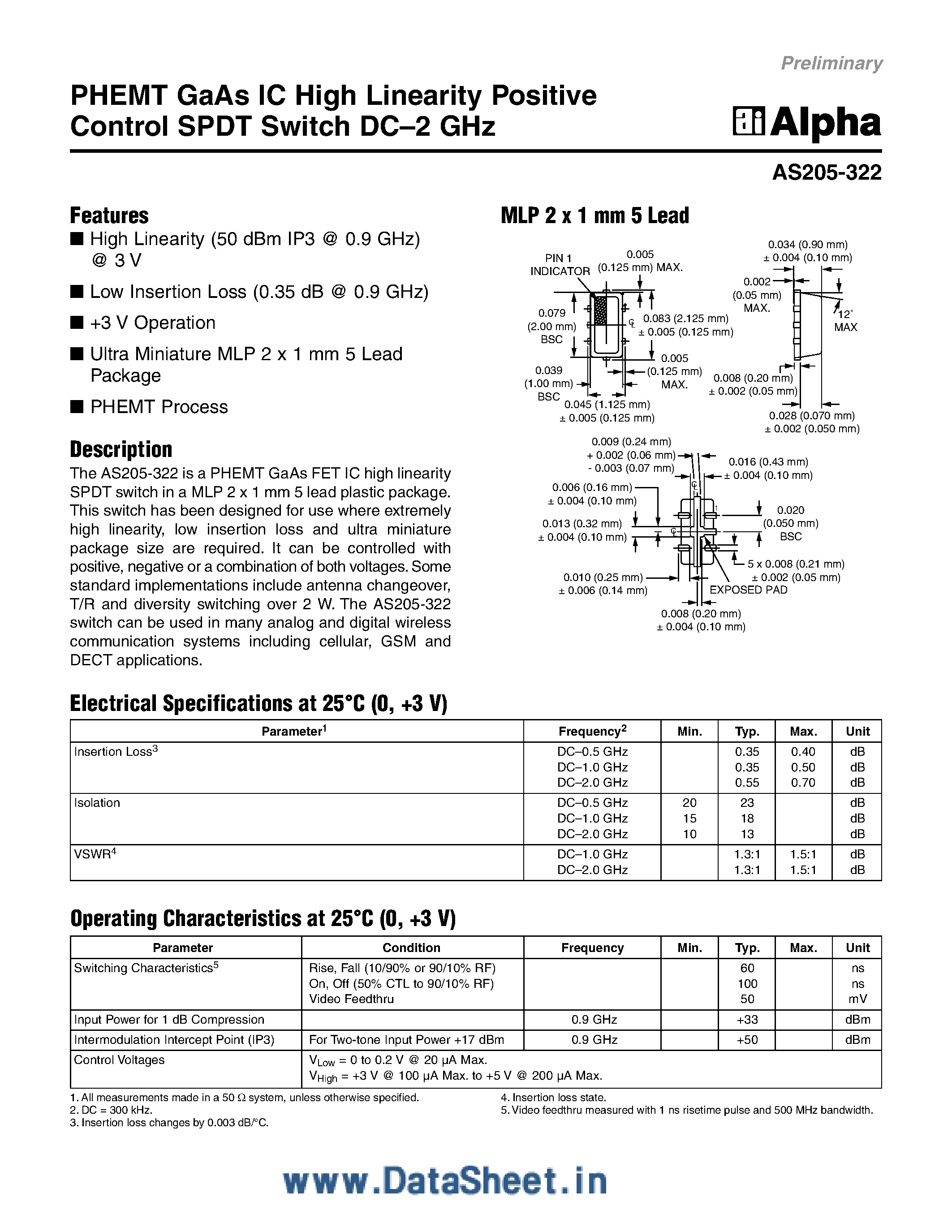 Datasheet AS205-322 - PHEMT GaAs IC High Linearity Positive Control SPDT Switch DC-2 Ghz page 1