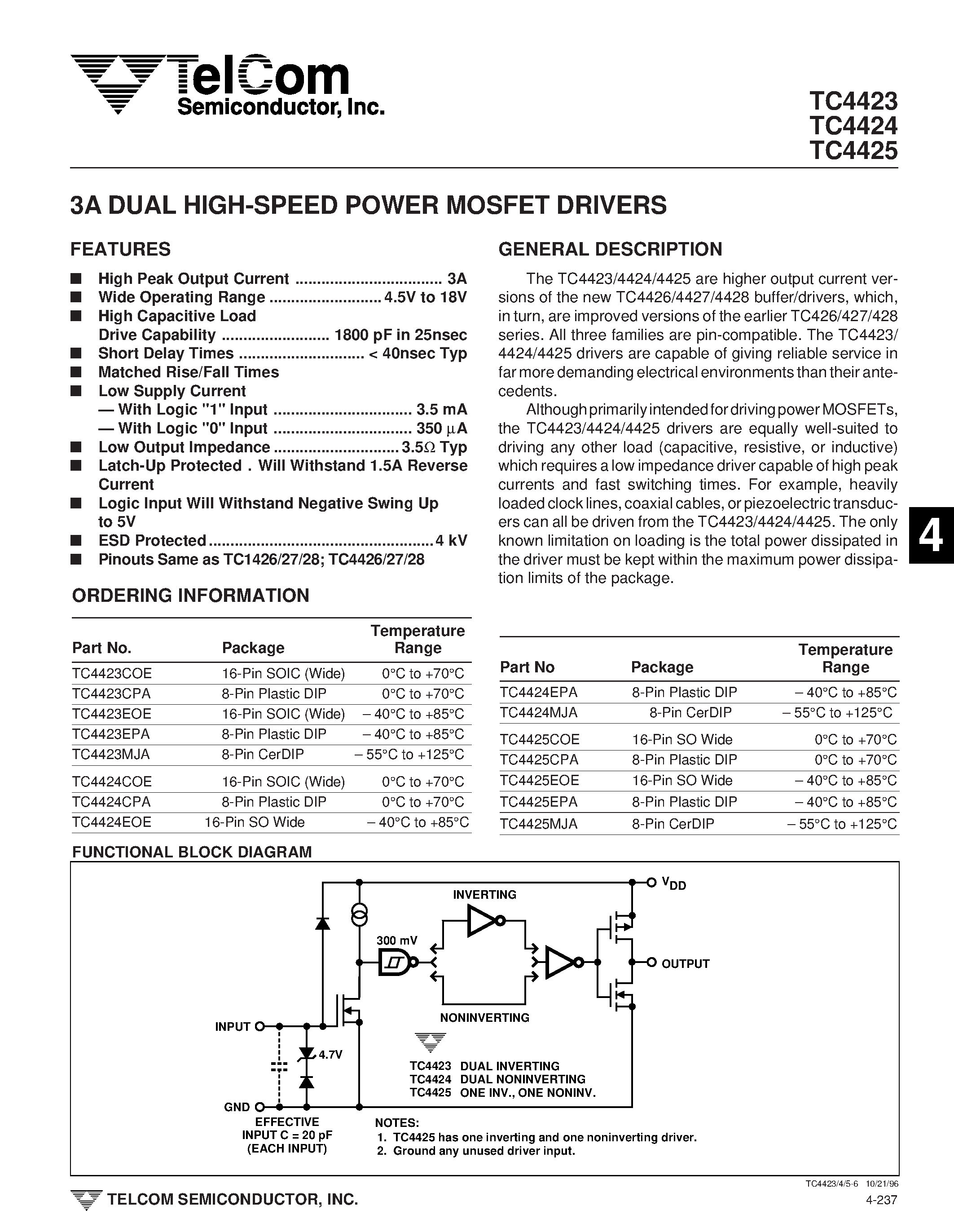 Даташит TC4423 - (TC4423 - TC4425) 3A DUAL HIGH-SPEED POWER MOSFET DRIVERS страница 1