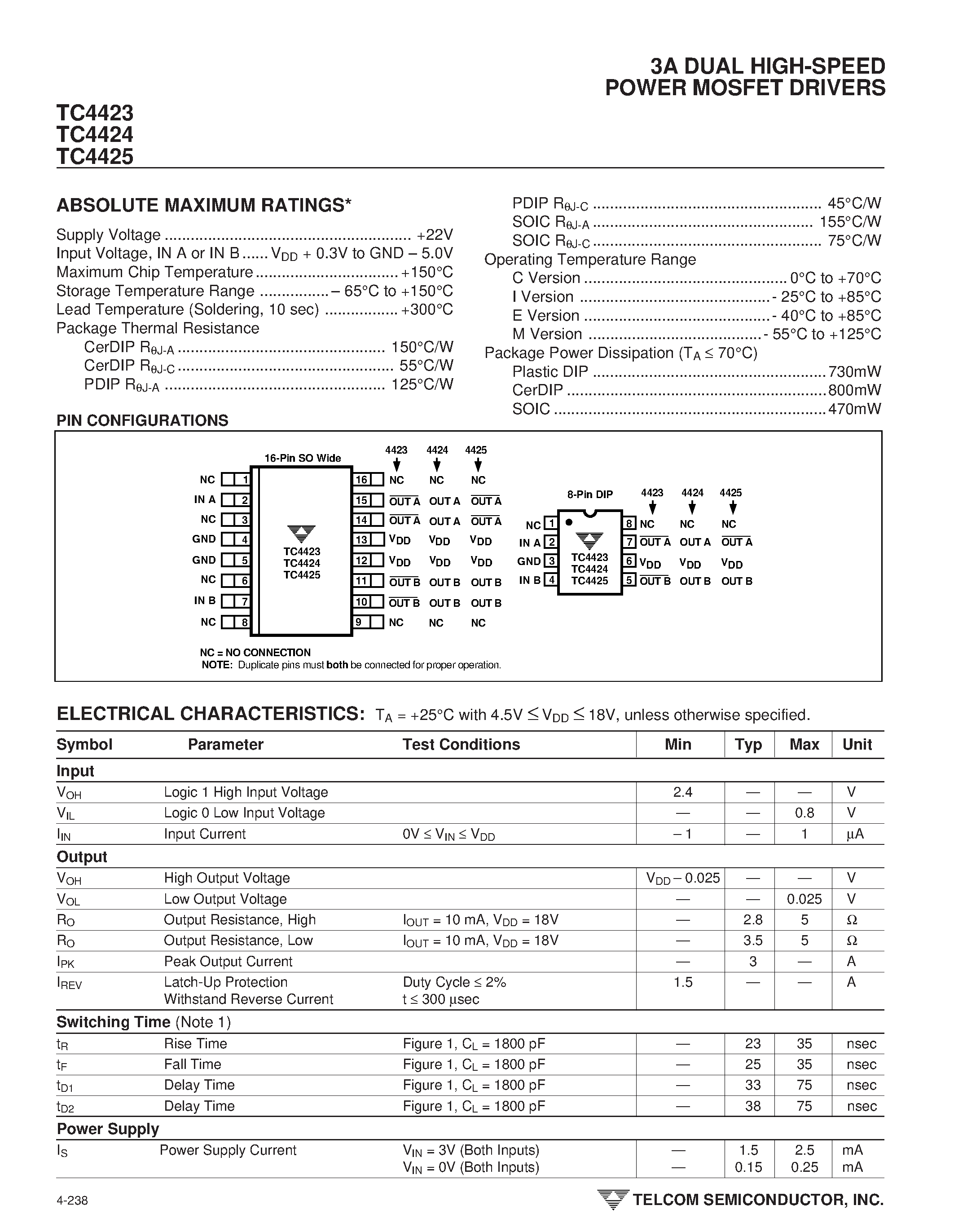 Даташит TC4423 - (TC4423 - TC4425) 3A DUAL HIGH-SPEED POWER MOSFET DRIVERS страница 2