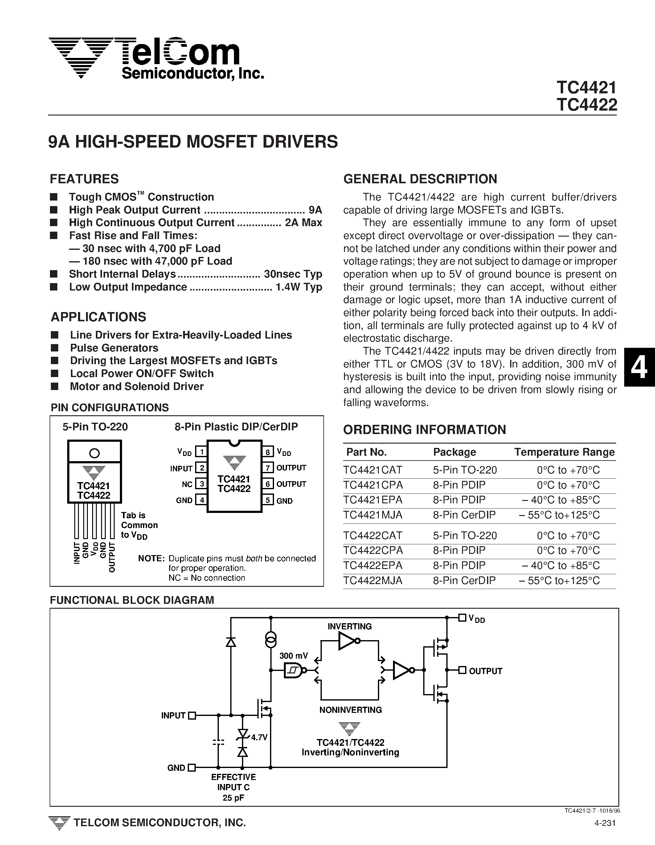Даташит на микросхему TC4421 страница 1 Даташит TC4421 - (TC4421 / TC4422) 9A HIGH-SPEED MOSFET DRIVERS страница 1