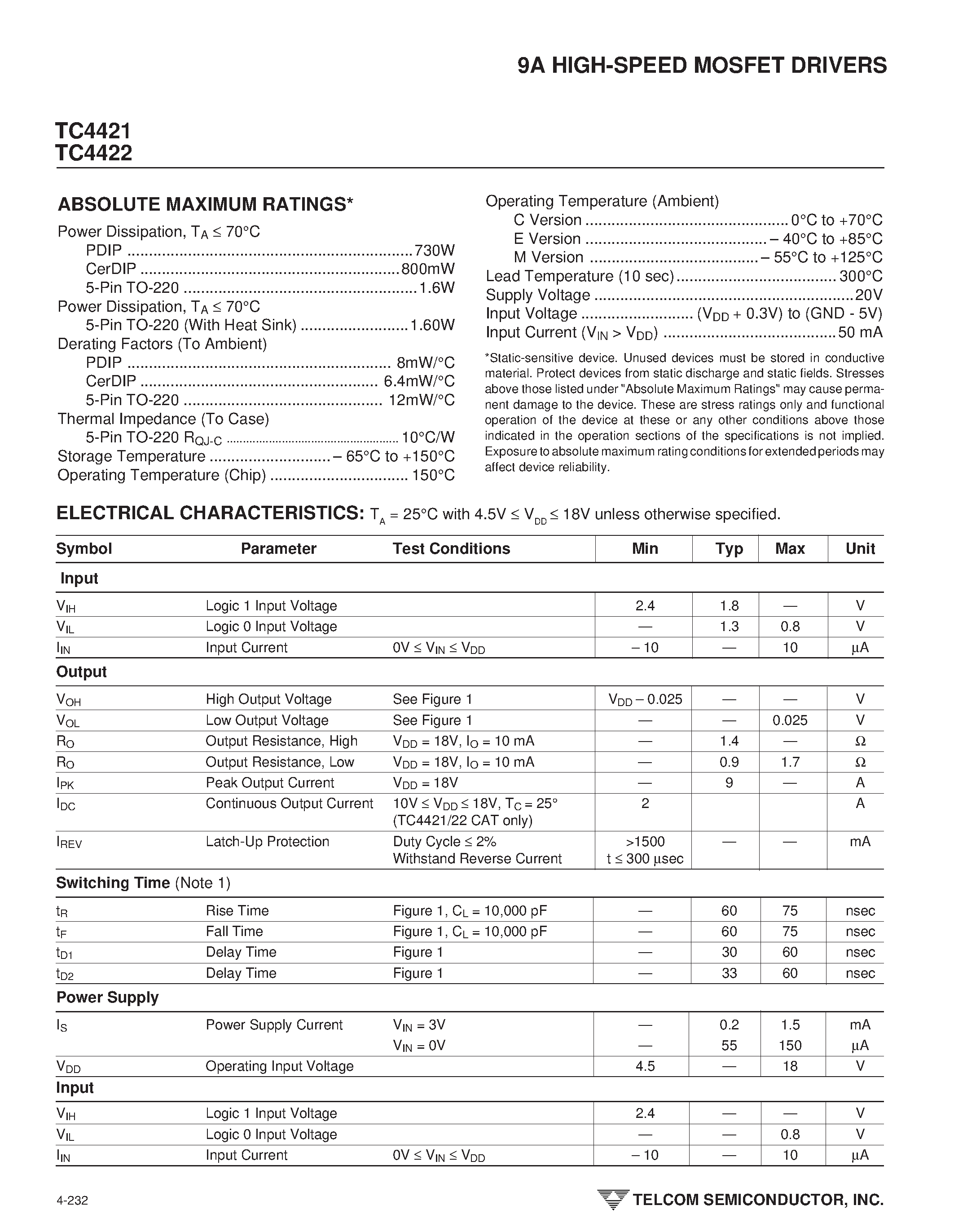 Даташит TC4421 - (TC4421 / TC4422) 9A HIGH-SPEED MOSFET DRIVERS страница 2