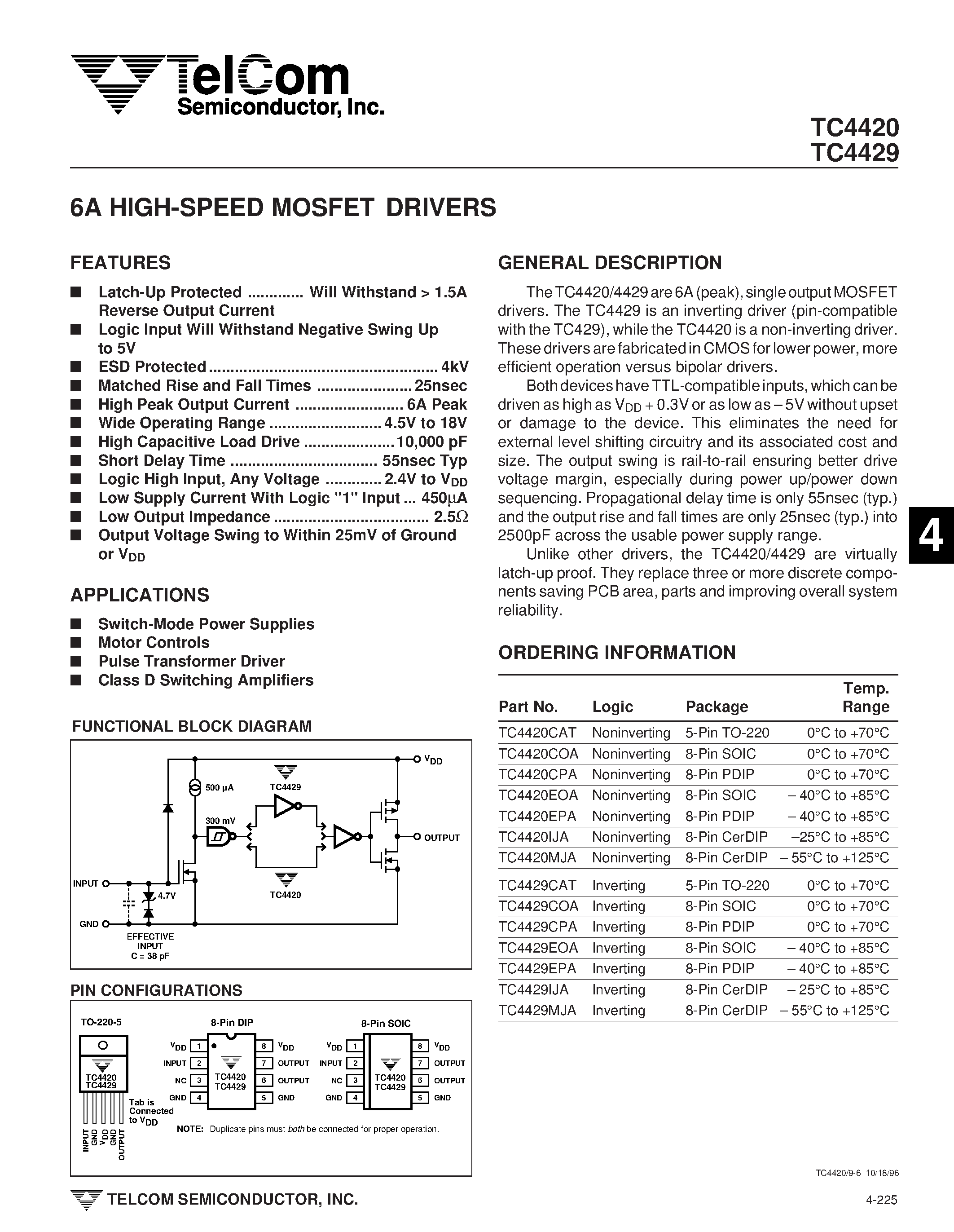 Datasheet TC4420 - (TC4420 /TC4429) 6A HIGH-SPEED MOSFET DRIVERS page 1