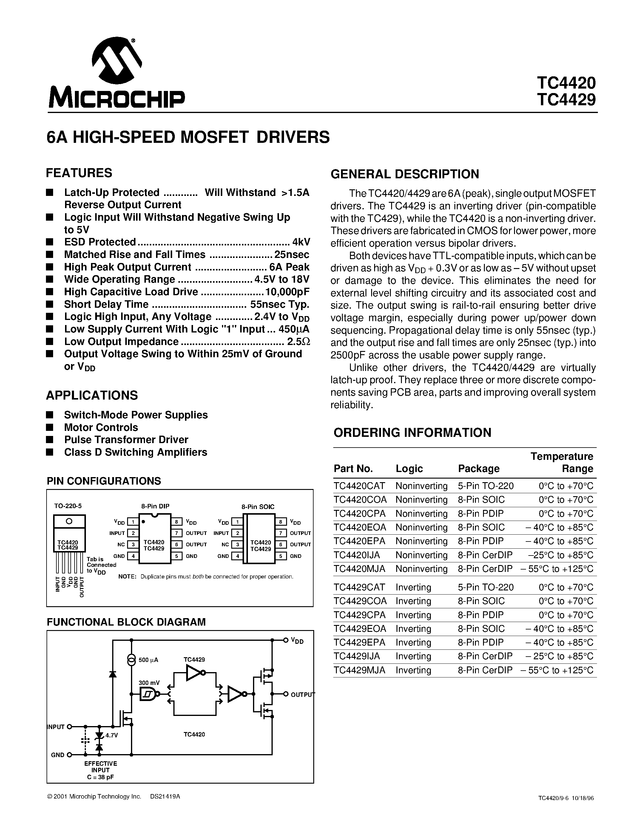 Даташит TC4420 - (TC4420 /TC4429) 6A HIGH-SPEED MOSFET DRIVERS страница 1