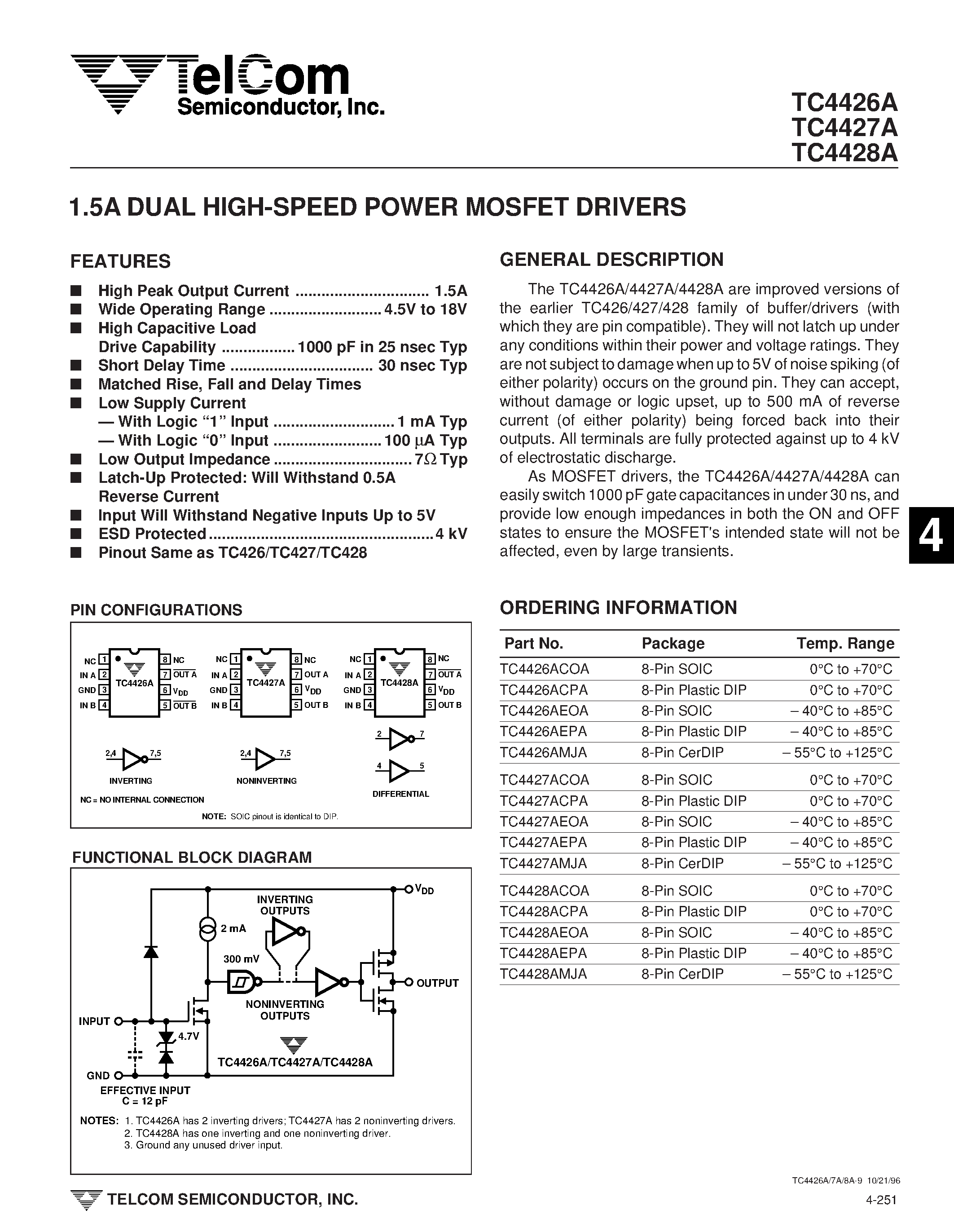 Datasheet TC4426A - (TC4426A - TC4428A) 1.5A DUAL HIGH-SPEED POWER MOSFET DRIVERS page 1