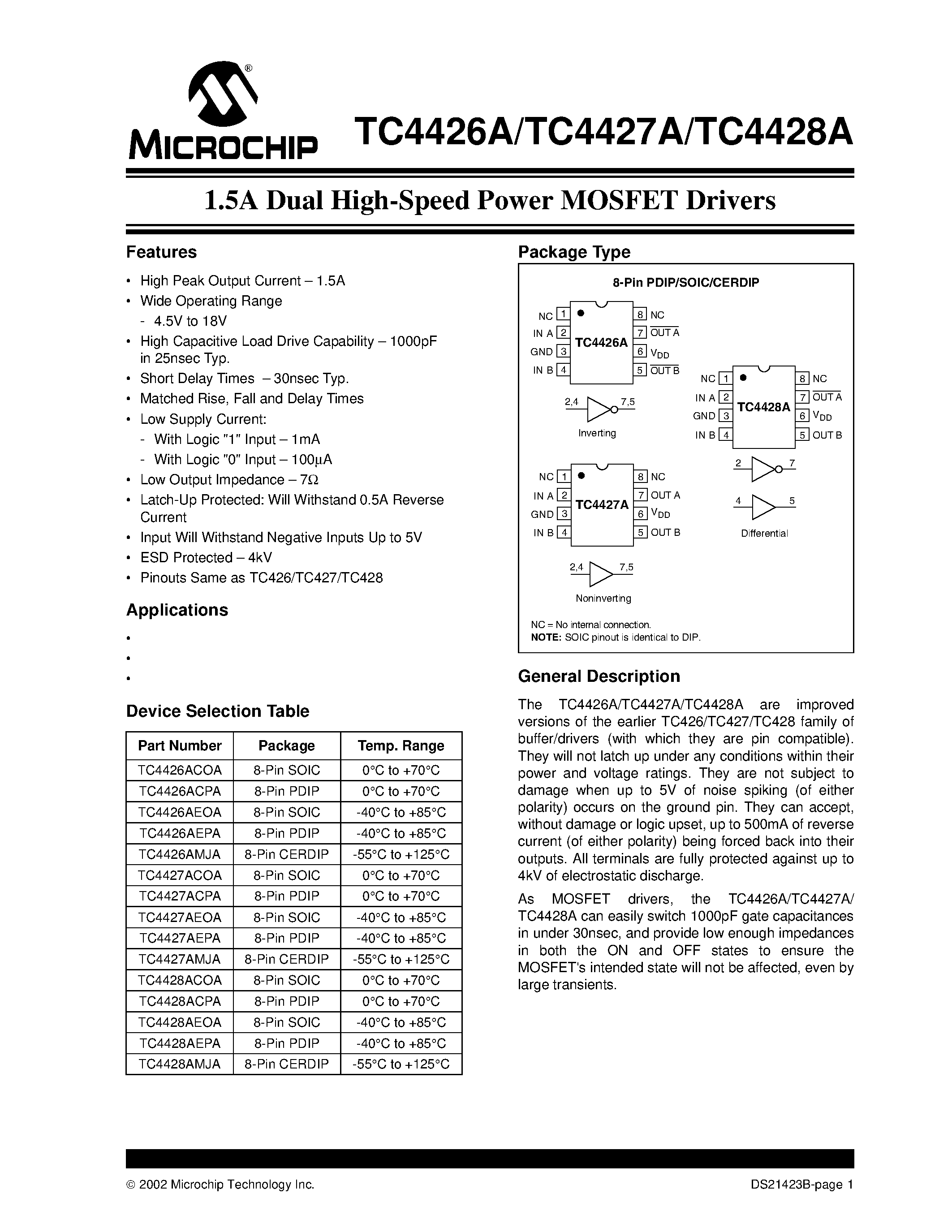 Datasheet TC4426A - (TC4426A - TC4428A) 1.5A DUAL HIGH-SPEED POWER MOSFET DRIVERS page 1