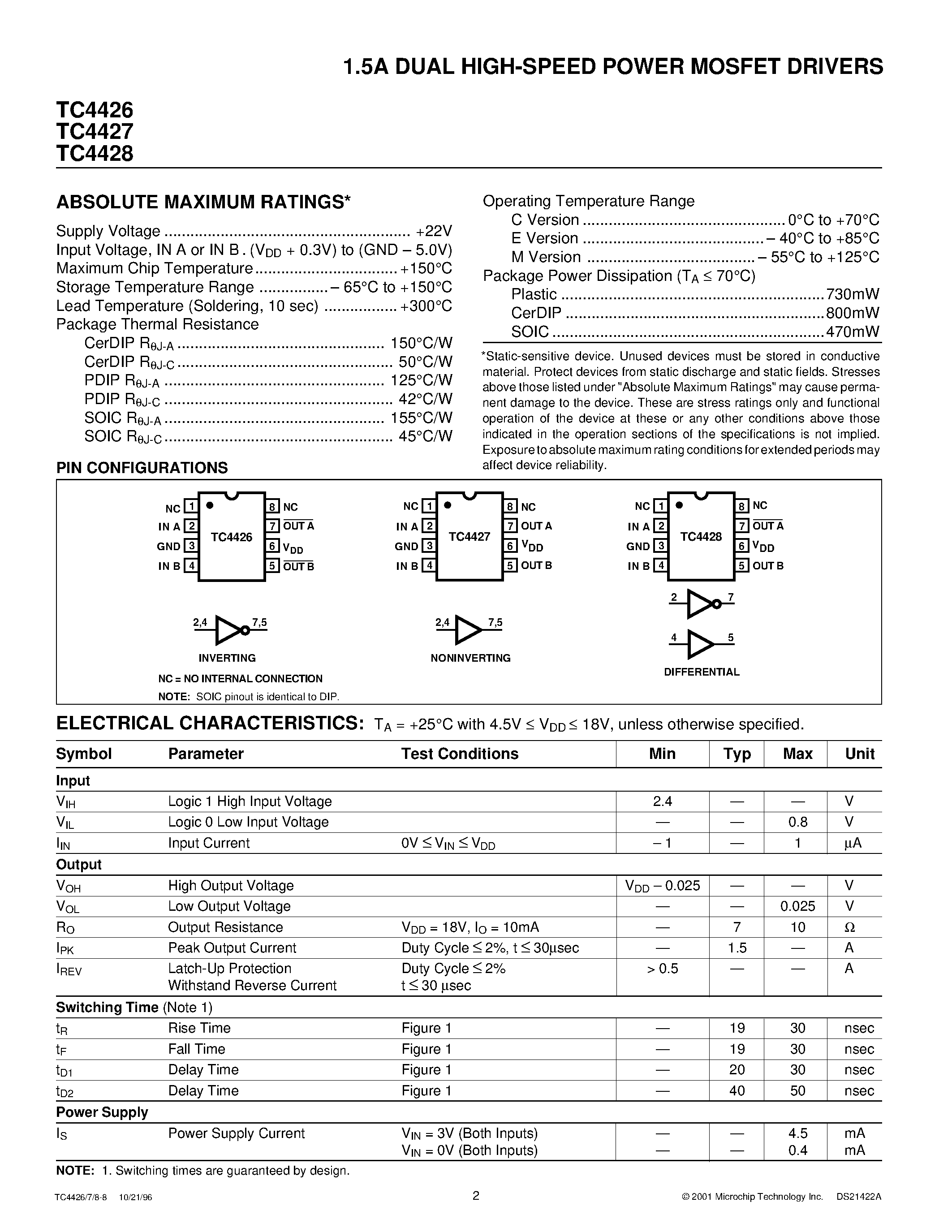Даташит на микросхему TC4426 страница 2 Даташит TC4426 - (TC4426 - TC4428) 1.5A DUAL HIGH-SPEED POWER MOSFET DRIVERS страница 2
