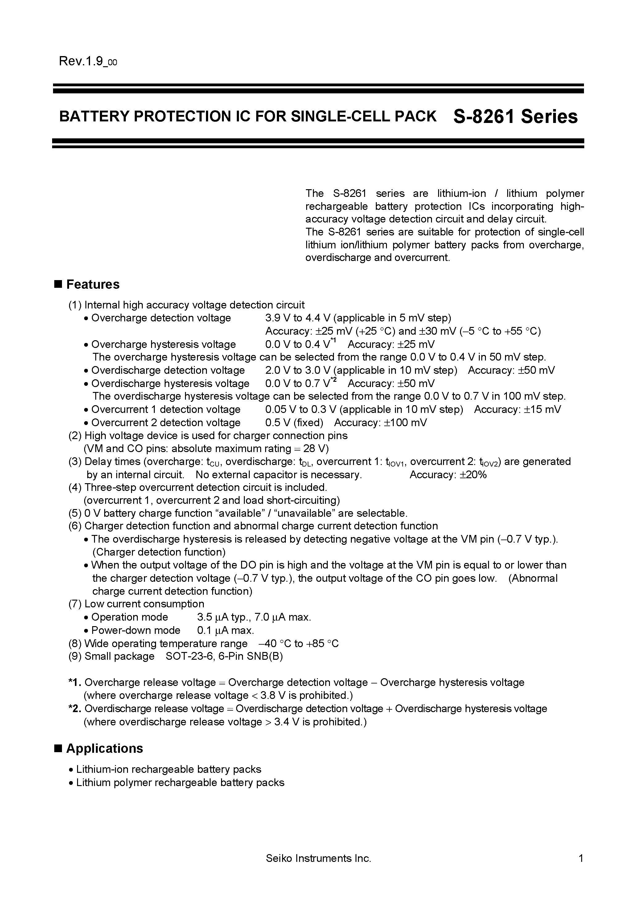 Datasheet S-8261 page 1 Datasheet S-8261 - Battery Protection IC for Single-Cell Pack page 1
