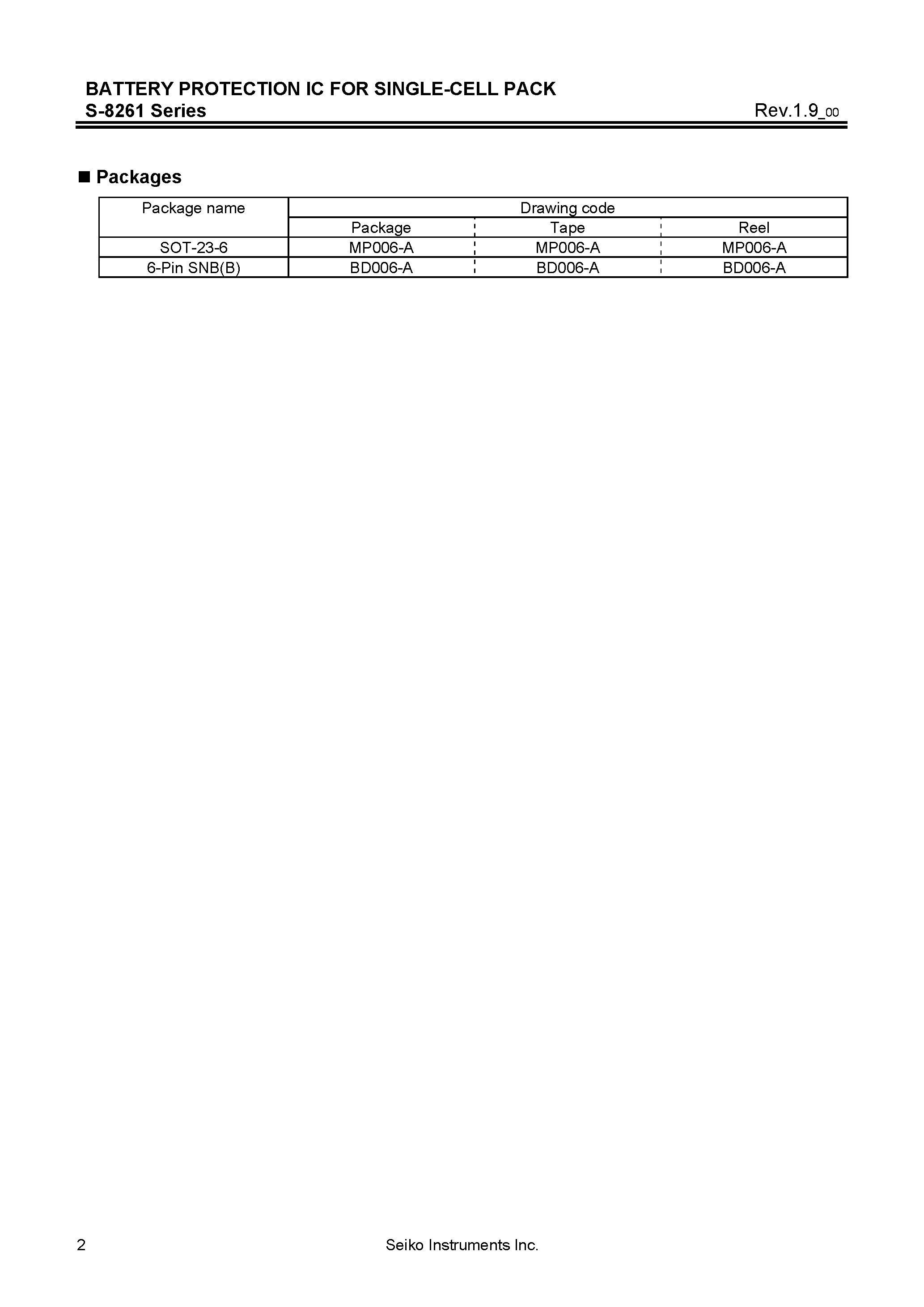 Datasheet S-8261 page 2 Datasheet S-8261 - Battery Protection IC for Single-Cell Pack page 2