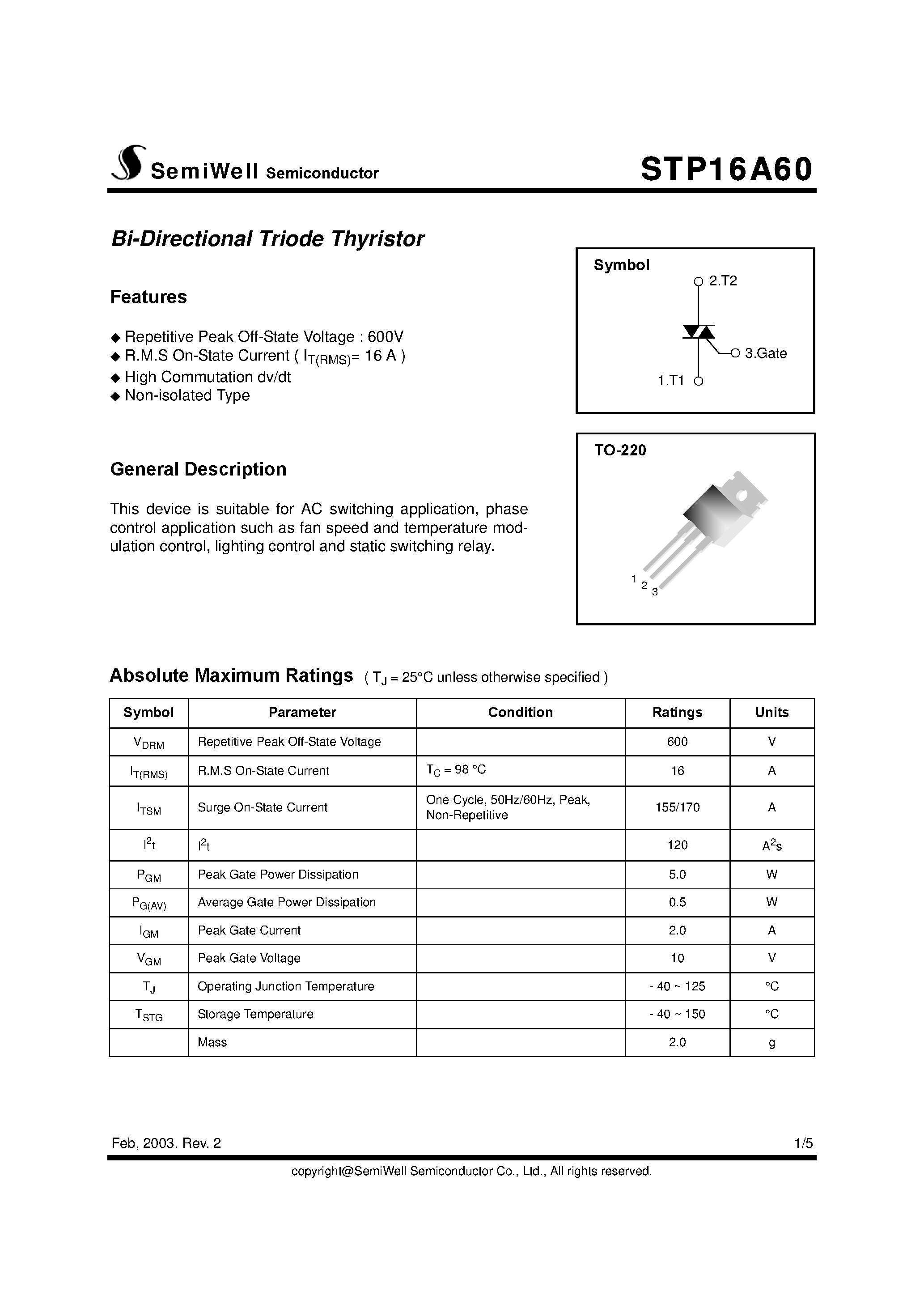 Datasheet STP16A60 page 1 Datasheet STP16A60 - Bi-Directional Triode Thyristor page 1