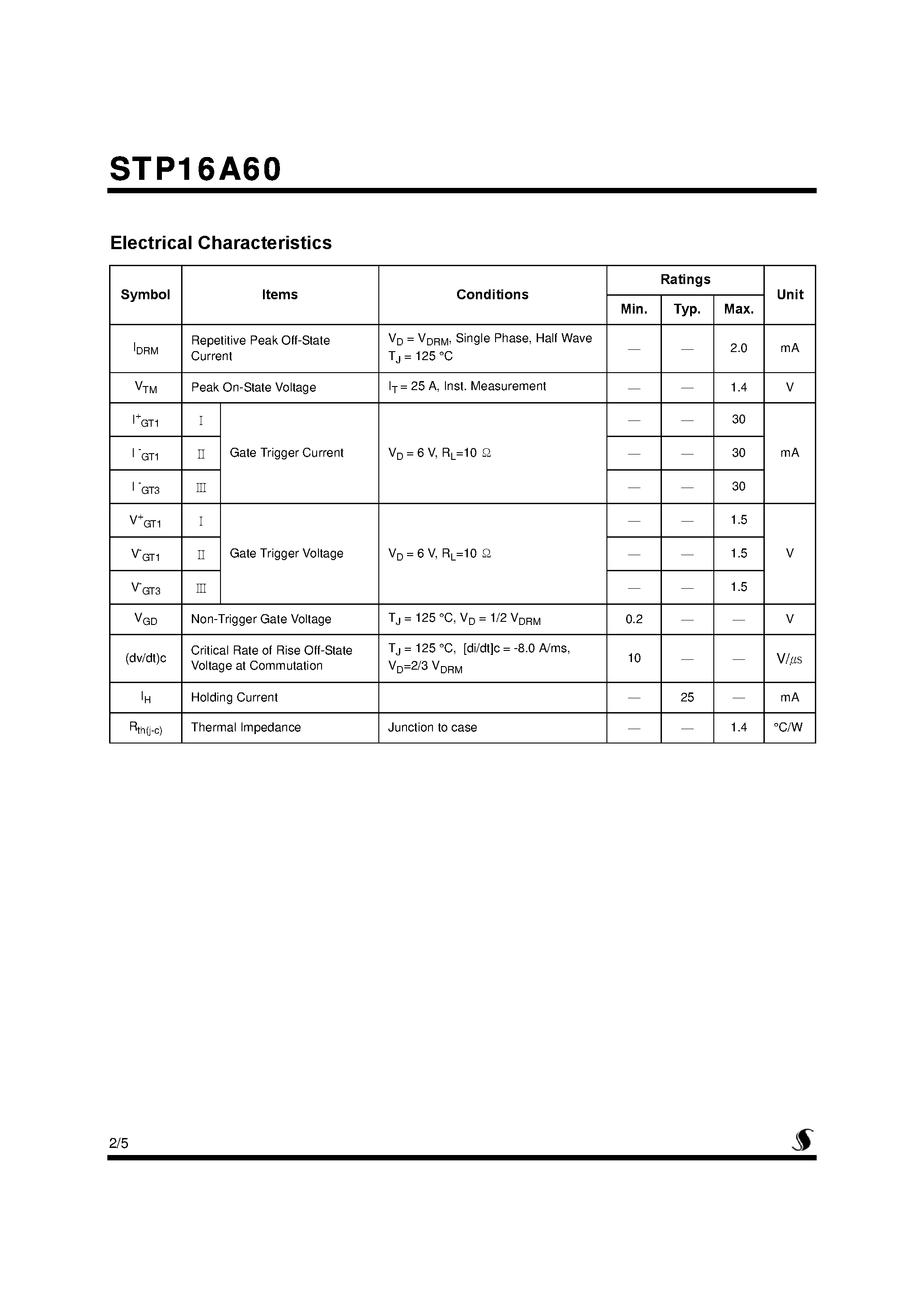 Datasheet STP16A60 page 2 Datasheet STP16A60 - Bi-Directional Triode Thyristor page 2