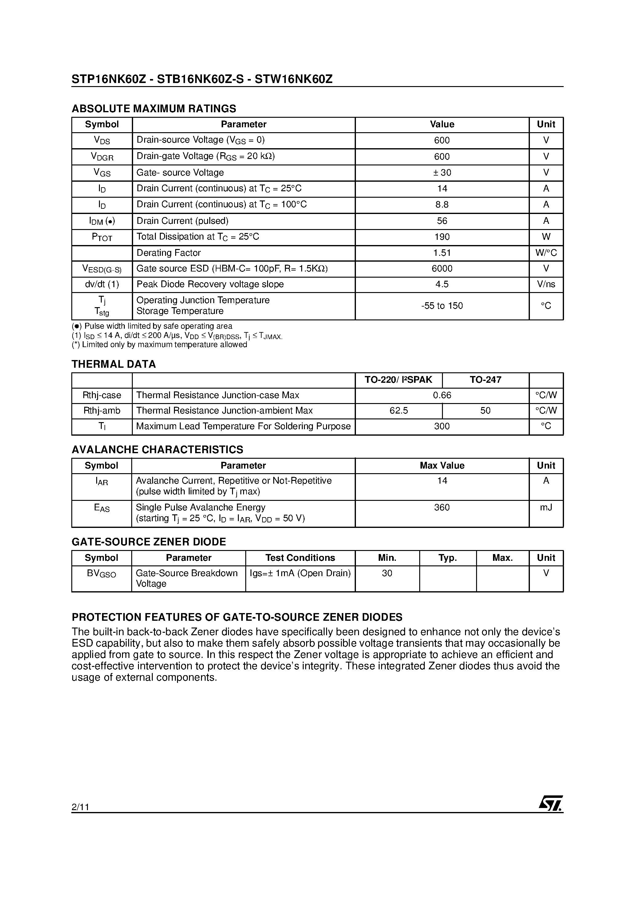 Datasheet STP16NK60Z - N-CHANNEL MOSFET page 2