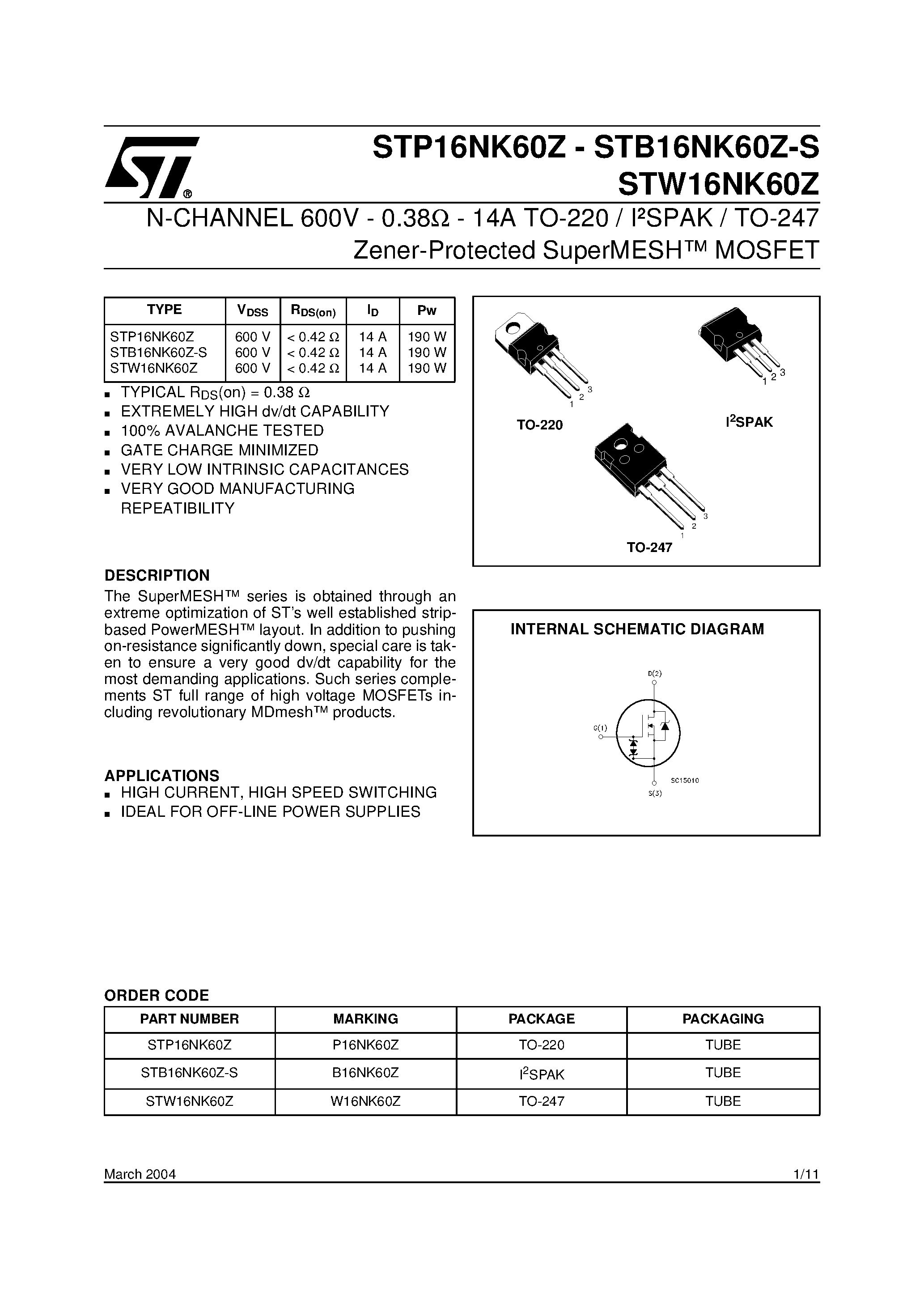 Datasheet STW16NK60Z - N-CHANNEL MOSFET page 1