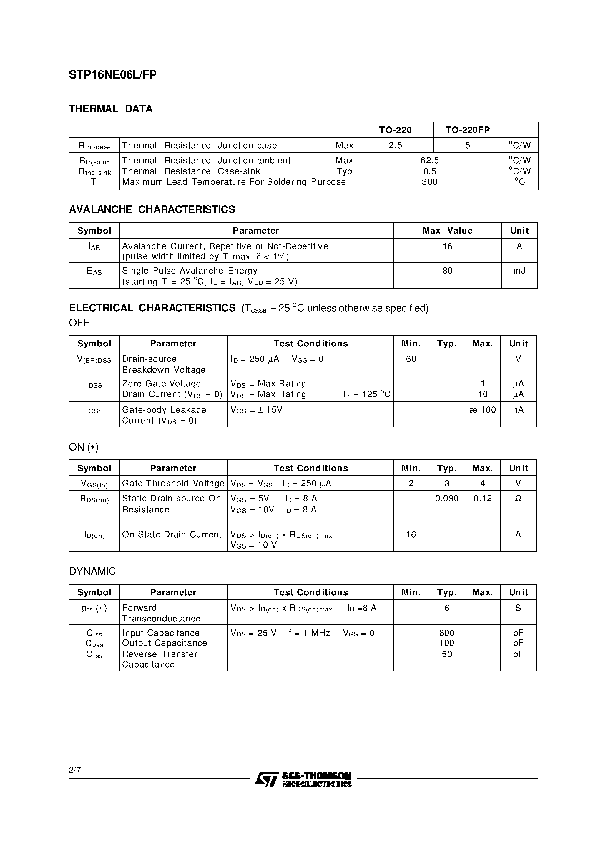 Datasheet STP16NE06FP - N-CHANNEL Power MOSFET page 2