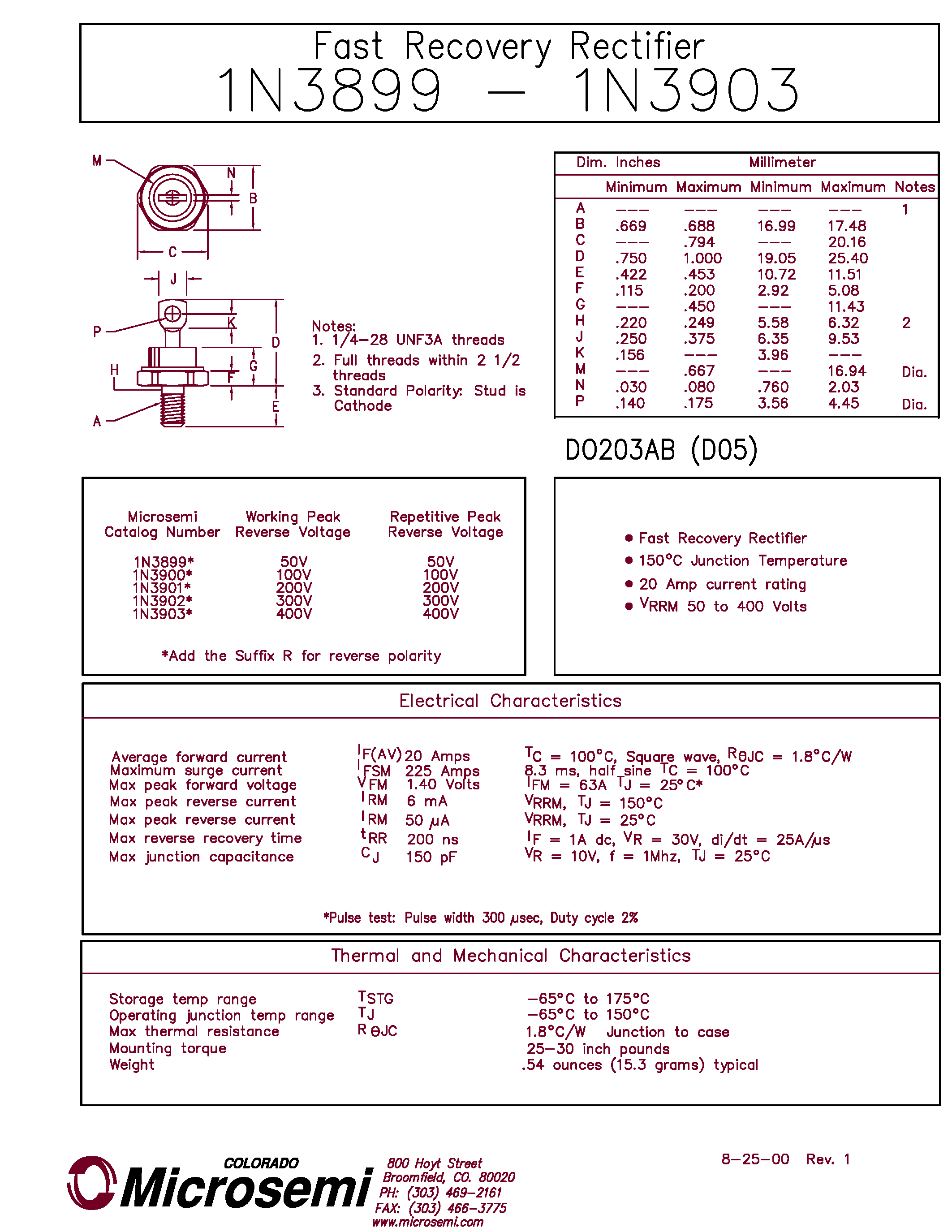 Даташит 1N3899 - (1N3899 - 1N3903) Fast Recovery Rectifier страница 1