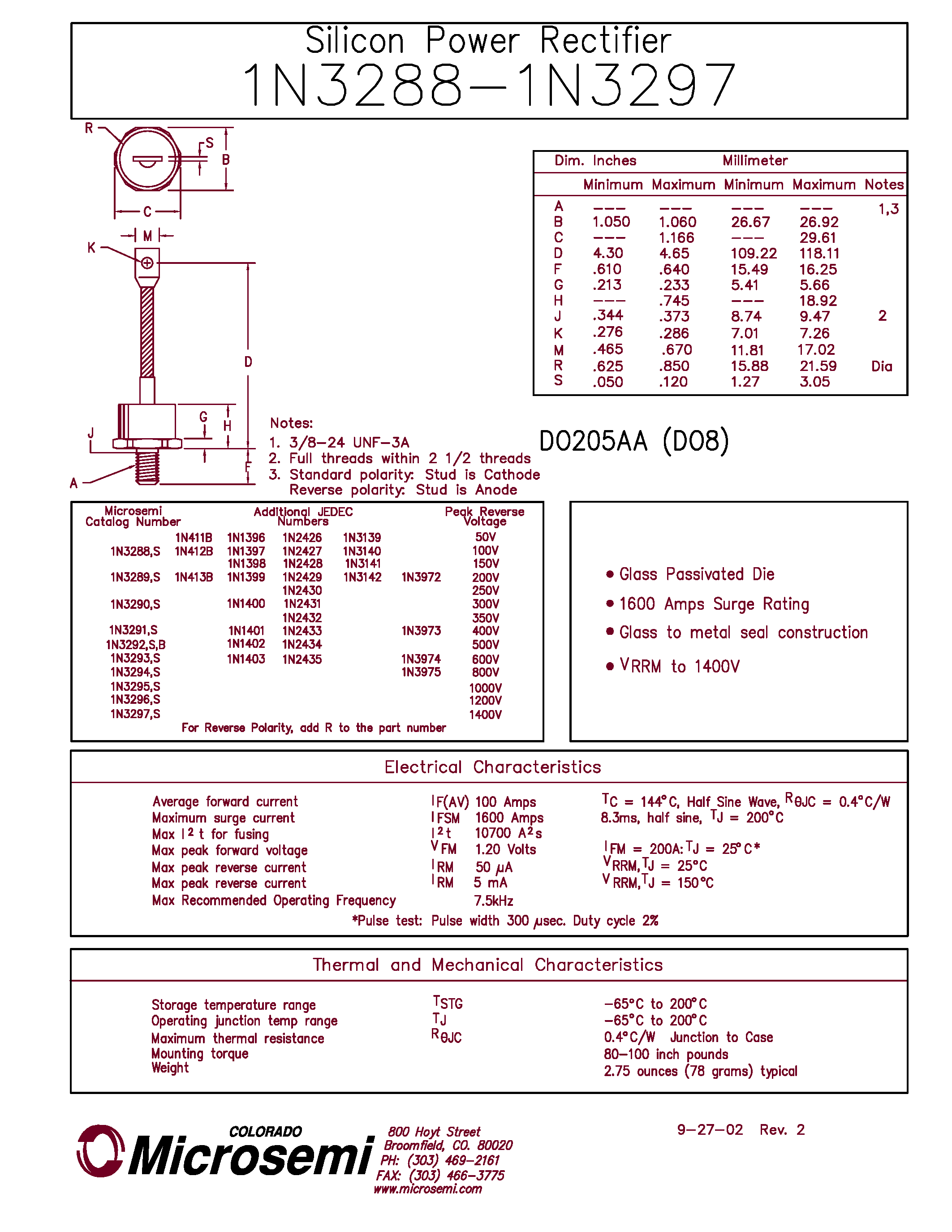 Datasheet 1N3288 page 1 Datasheet 1N3288 - (1N3288 - 1N3297) SILICON POWER RECTIFIER page 1