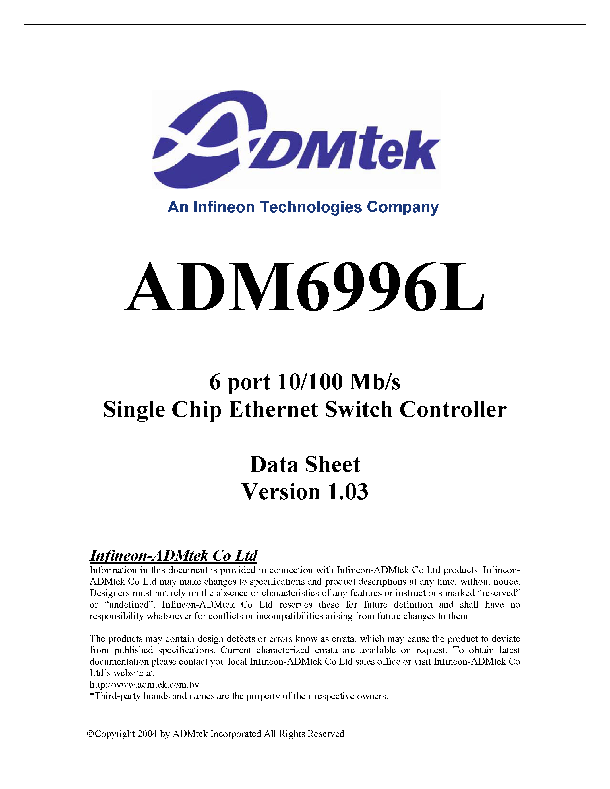 Даташит ADM6996L - 6 Port 10/100 Mb/s Single-Chip Ethernet Switch Controller страница 1