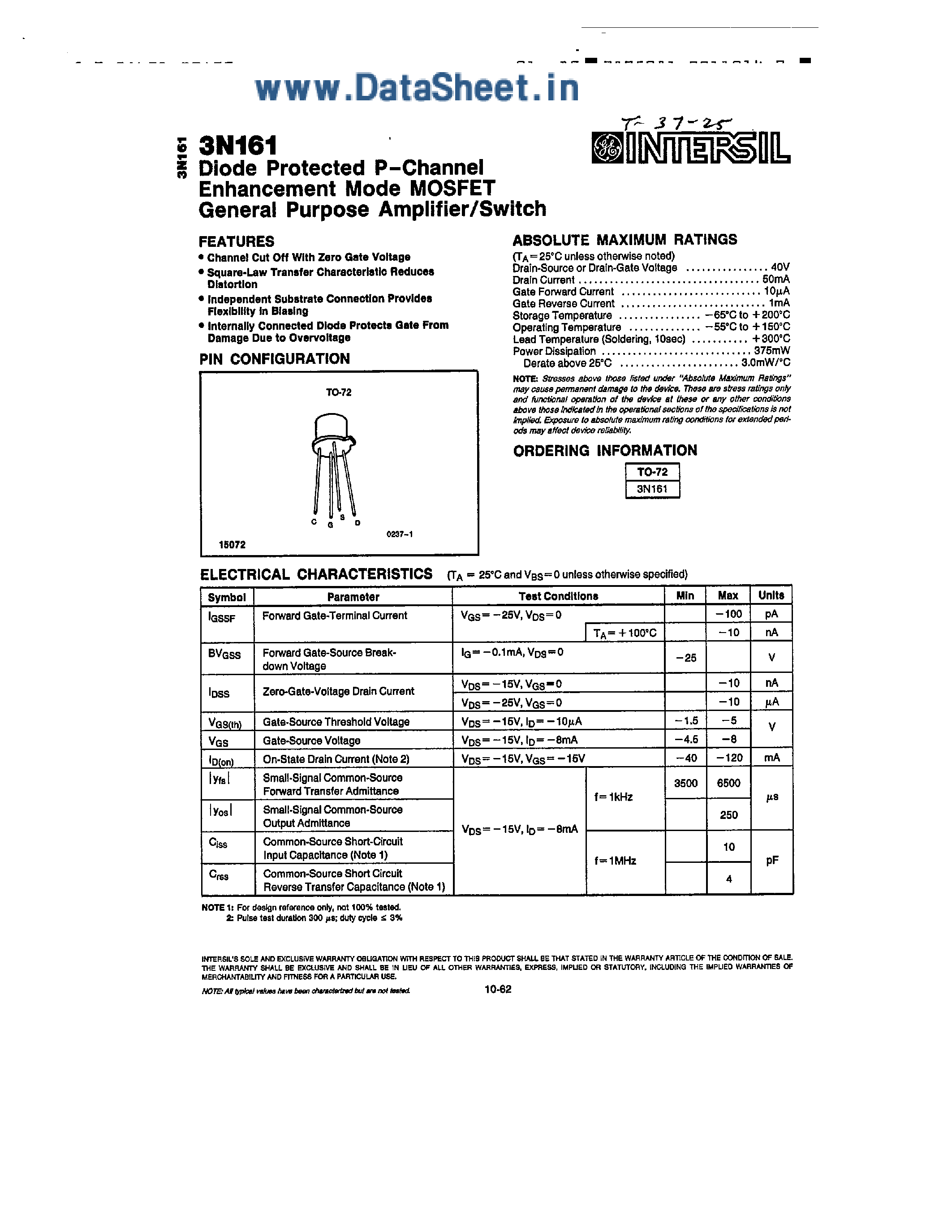 Datasheet 3N161 - DIODE PROTECTED P-CHANNEL ENGANCEMENT MODE MOSFET GENERAL PUROPSE AMPLIFIER/SWITCH page 1