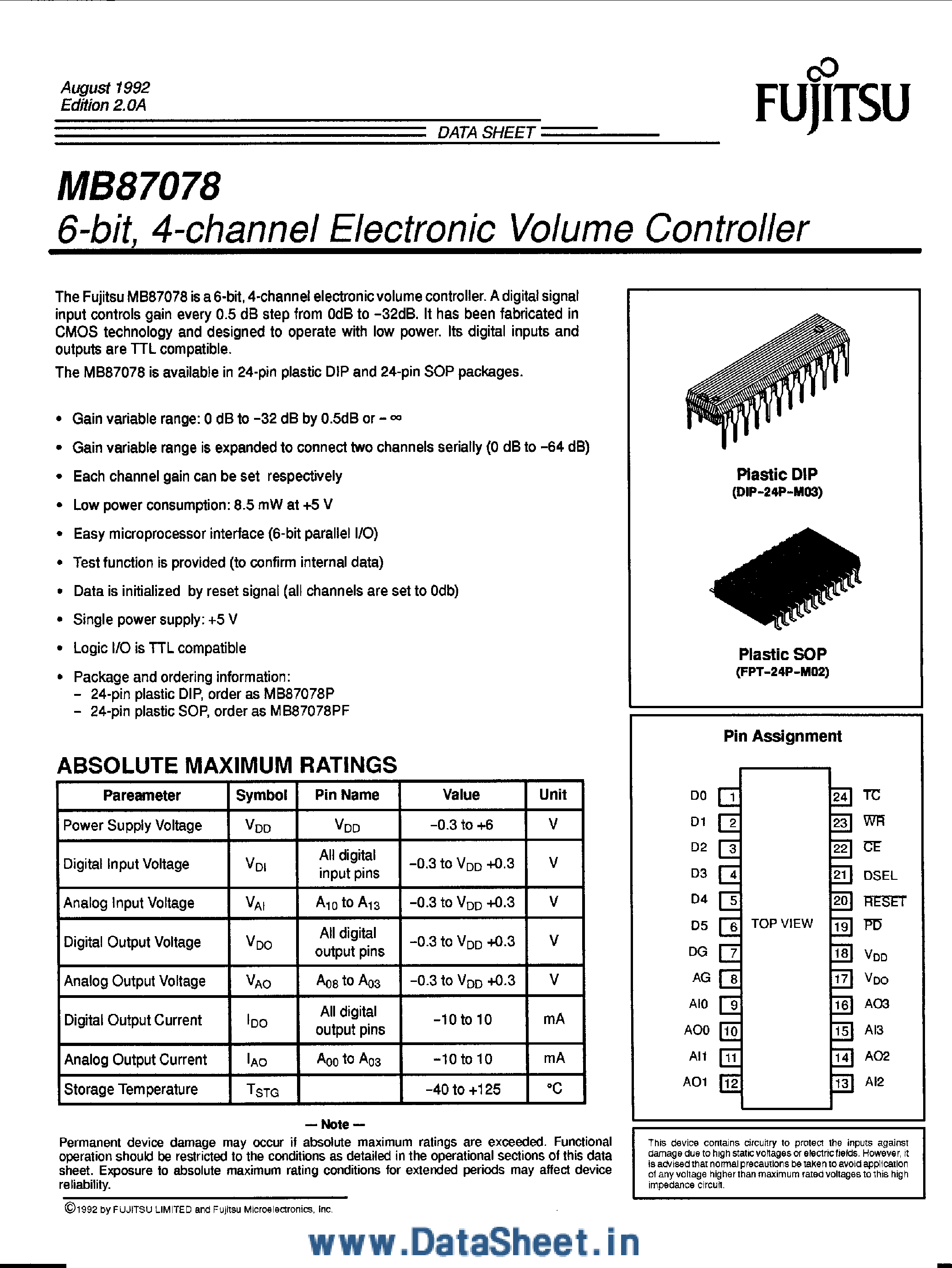 Datasheet MB87078 - 6-Bit / 4-Channel Electronic Volume Controller page 1