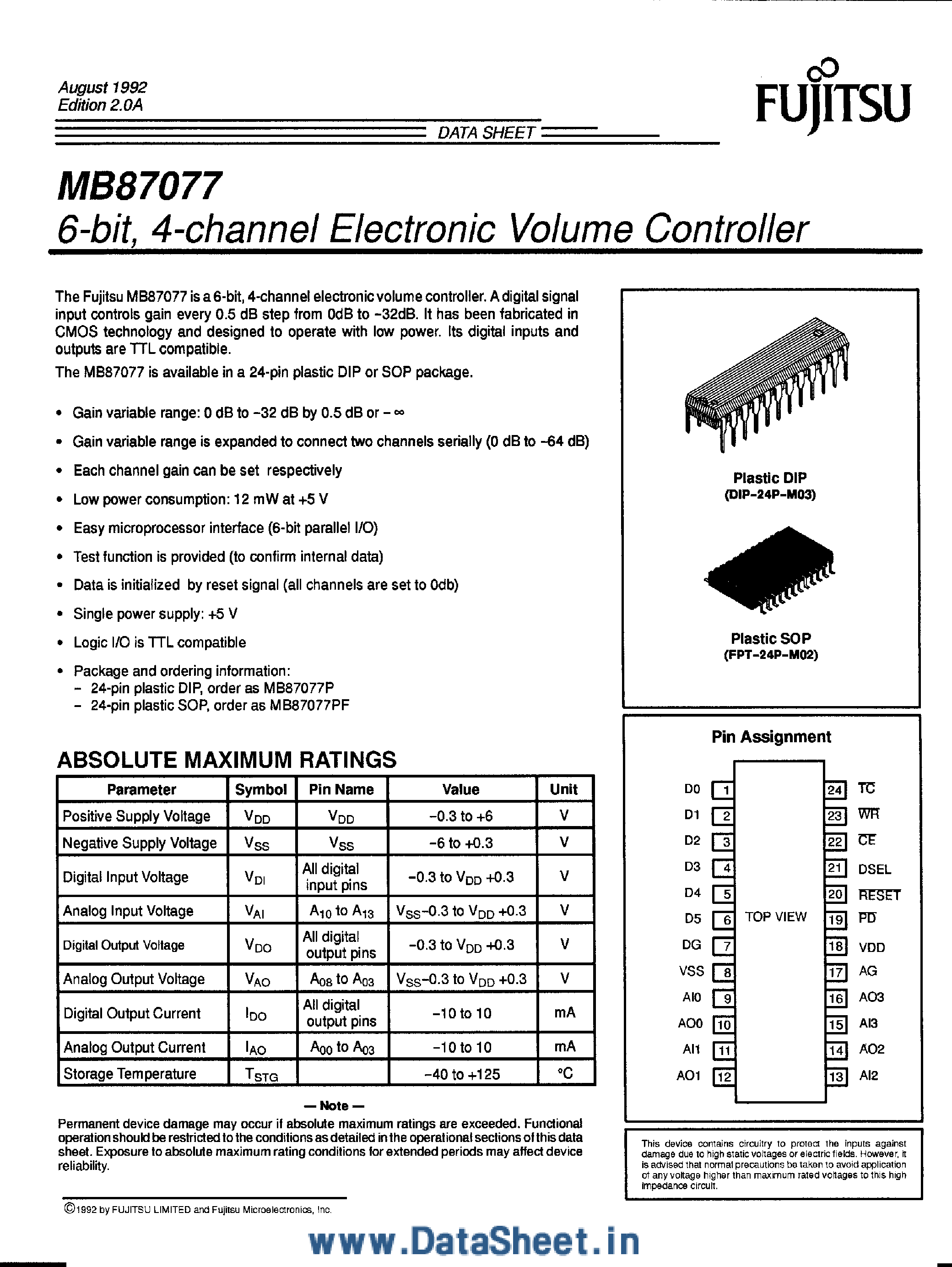 Datasheet MB87077 page 1 Datasheet MB87077 - 6-Bit / 4-Channel Electronic Volume Controller page 1