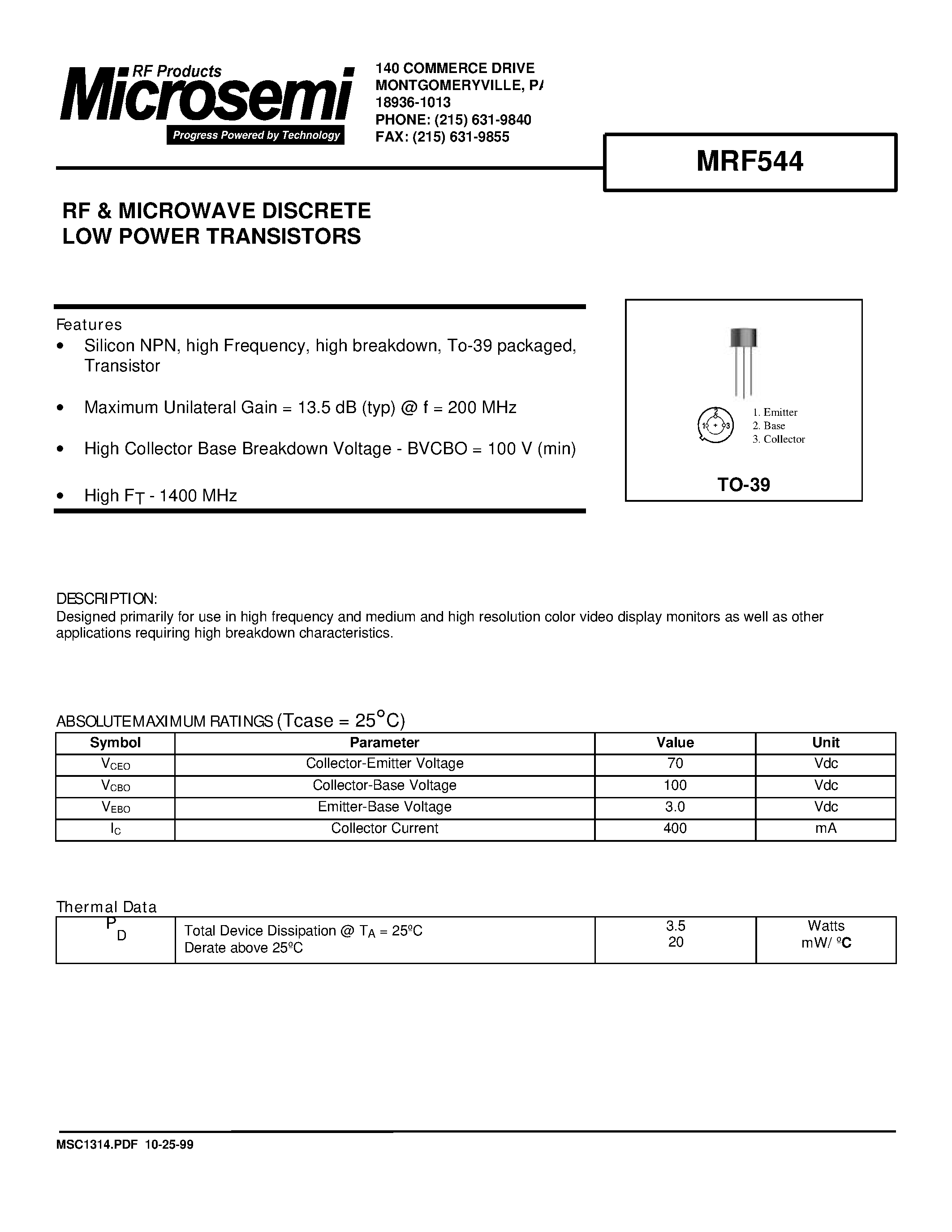 Datasheet MRF544 - RF & MICROWAVE DISCRETE LOW POWER TRANSISTORS page 1