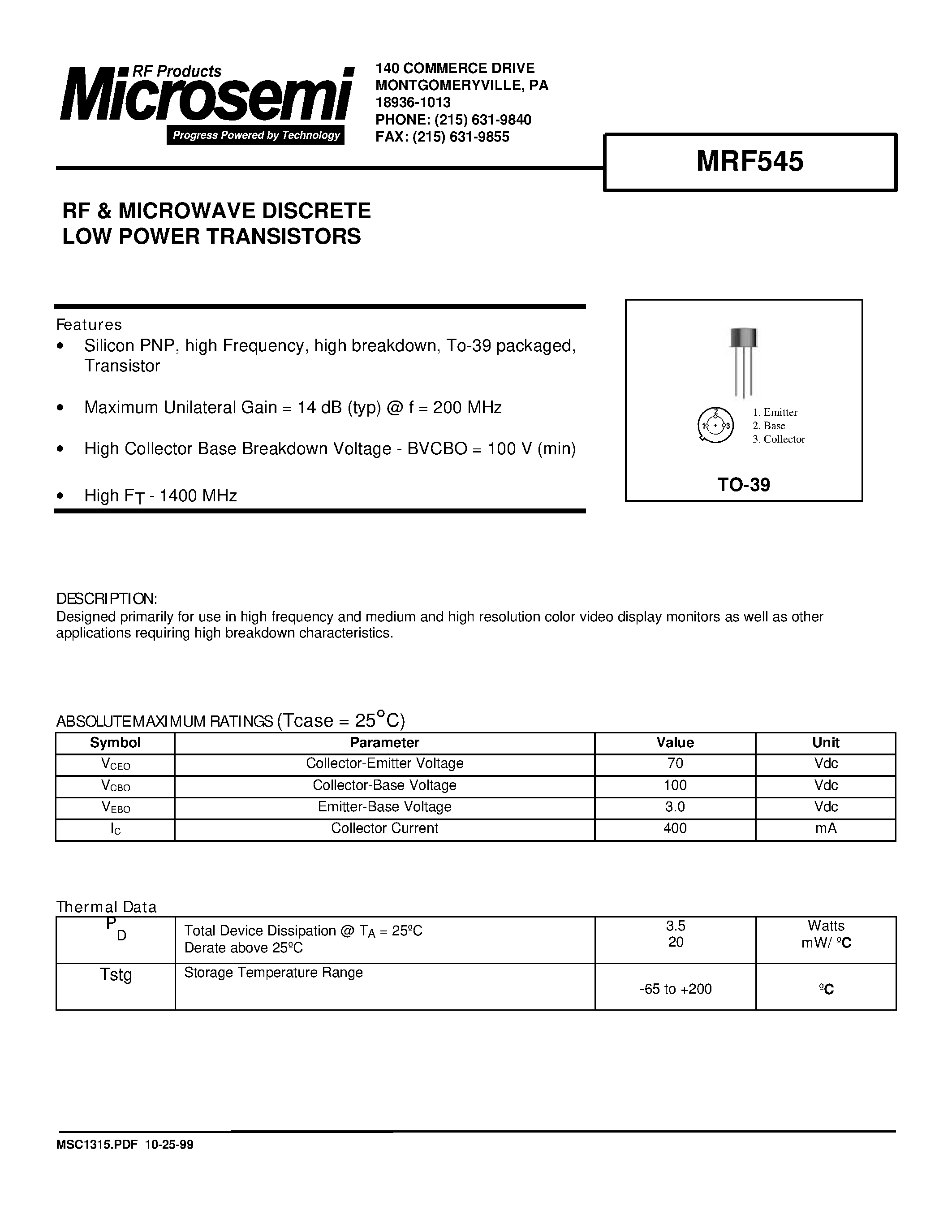 Datasheet MRF545 - RF & MICROWAVE DISCRETE LOW POWER TRANSISTORS page 1