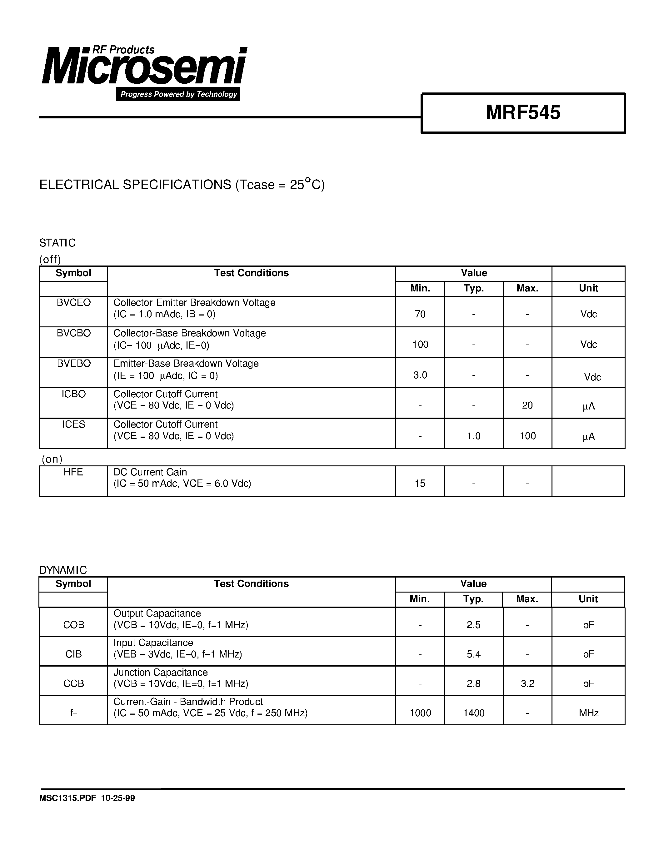 Datasheet MRF545 - RF & MICROWAVE DISCRETE LOW POWER TRANSISTORS page 2
