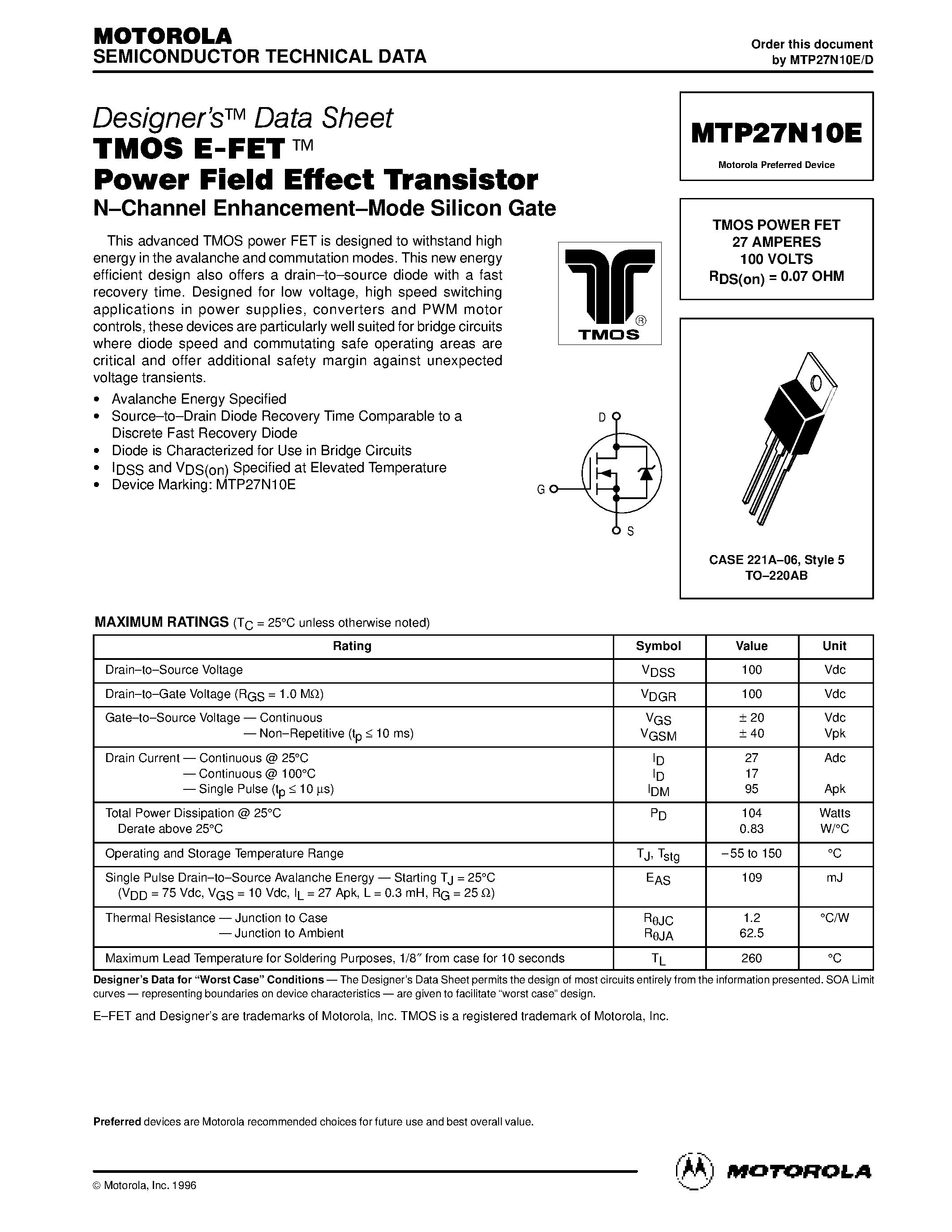 Datasheet MTP27N10E - TMOS POWER FET 27 AMPERES 100 VOLTS RDS(on) = 0.07 OHM page 1