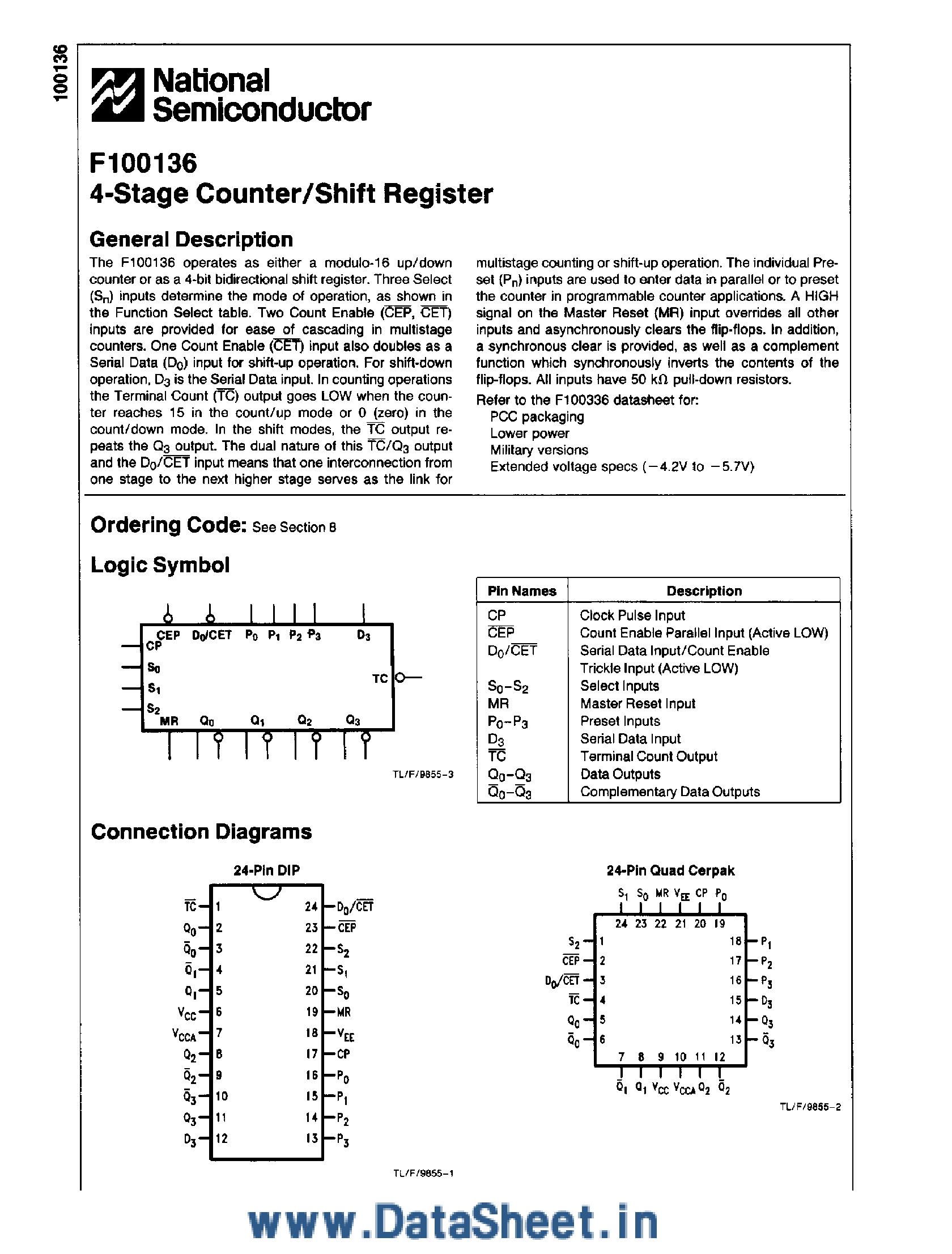 Datasheet F100136 - 4-Stage Counter / Shift Register page 1