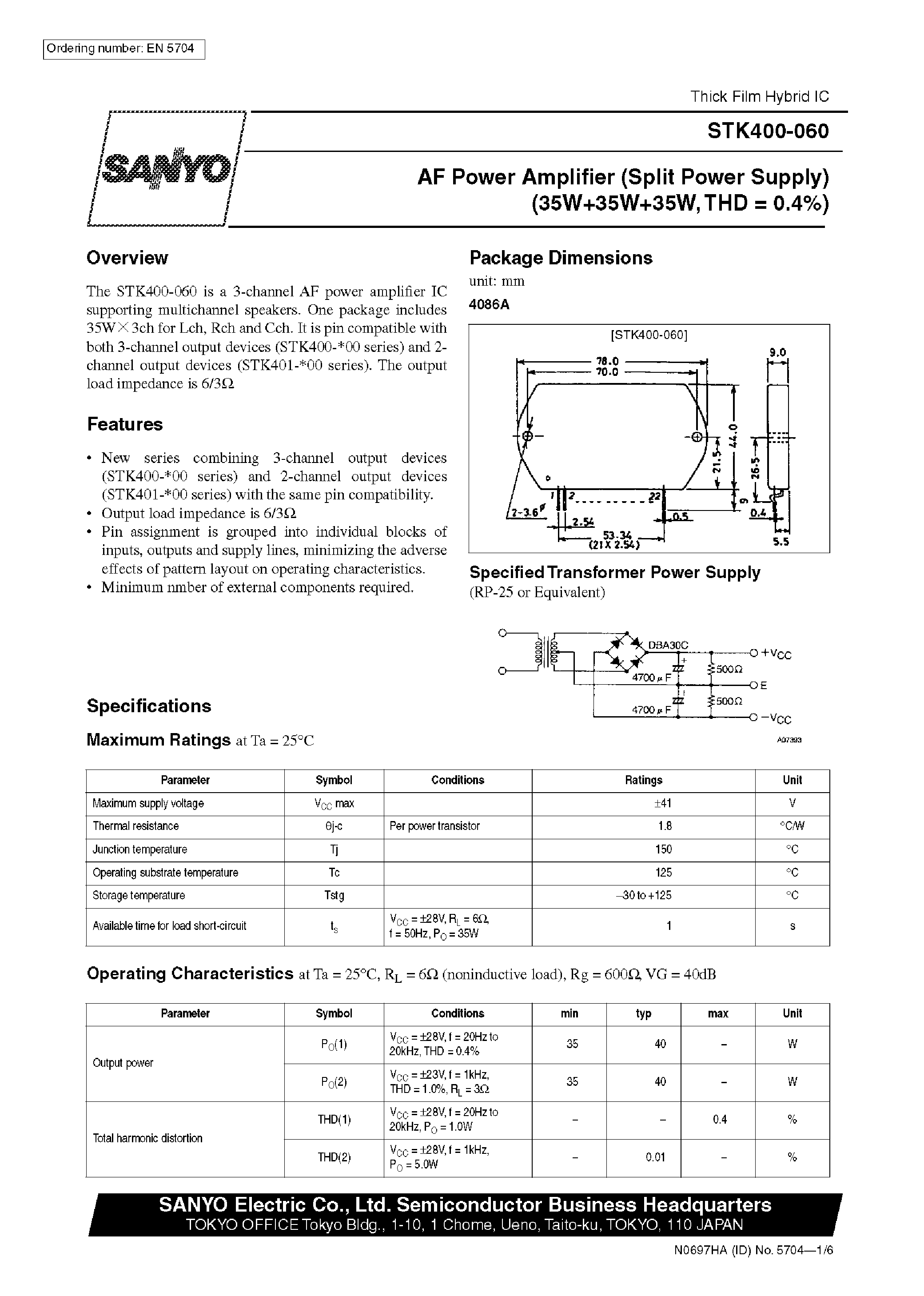 Datasheet STK400-060 page 1 Datasheet STK400-060 - AF Power Amplifier page 1