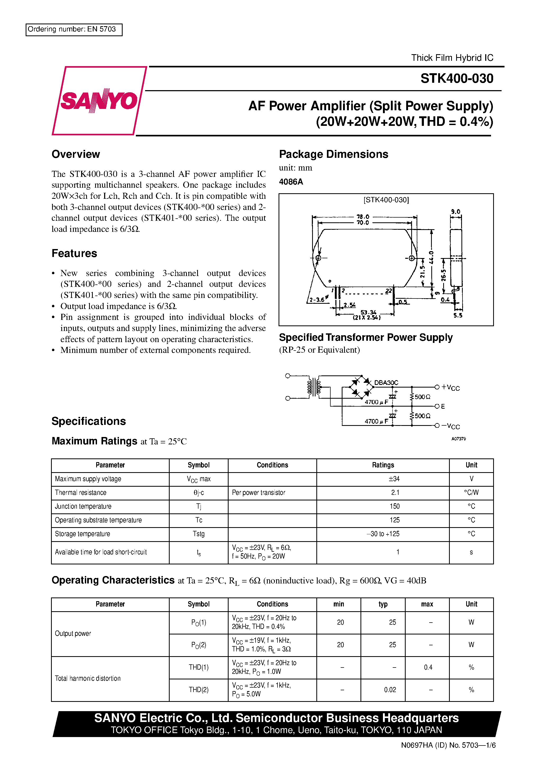 Datasheet STK400-030 page 1 Datasheet STK400-030 - AF Power Amplifier page 1