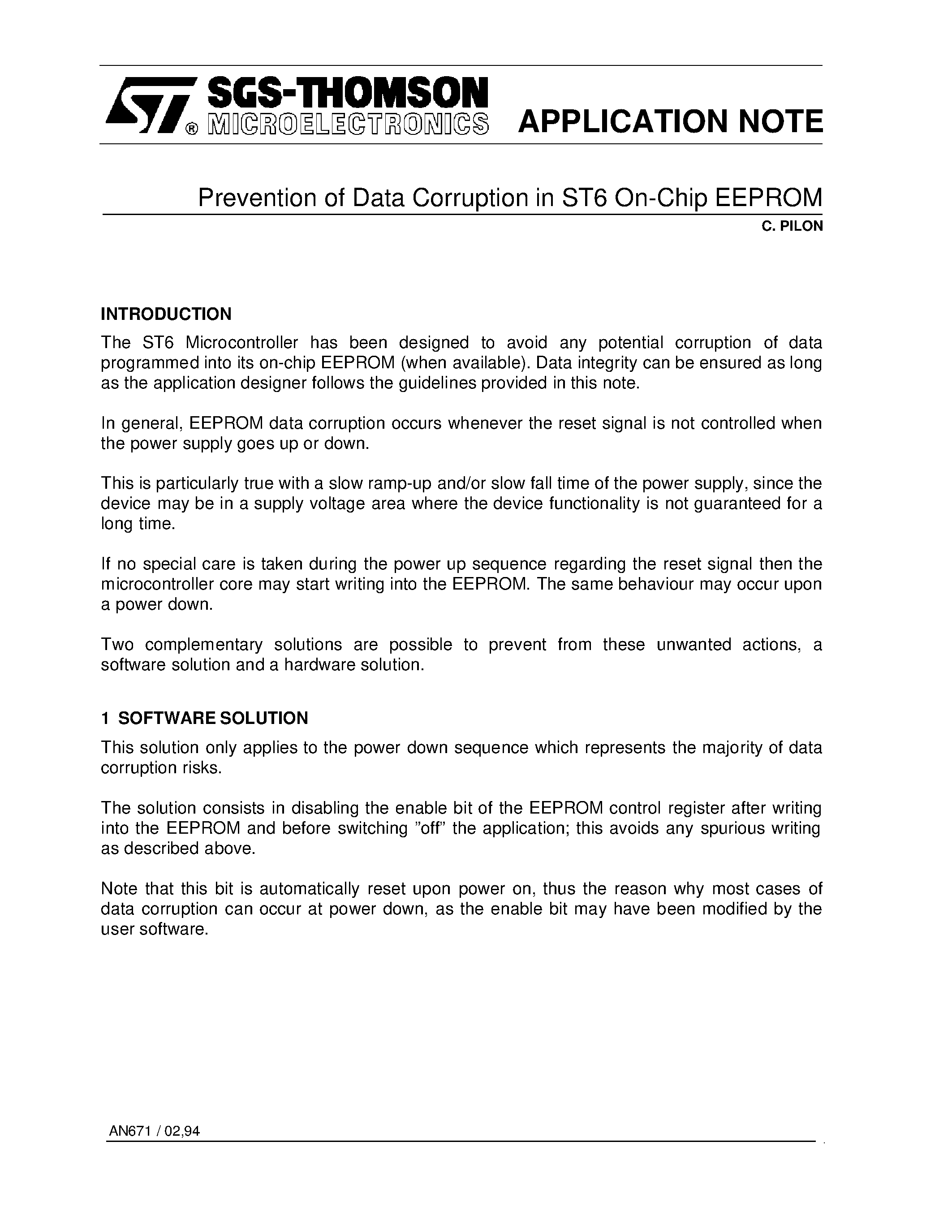 Datasheet AN671 - Prevention of Data Corruption in ST6 On-Chip EEPROM page 1