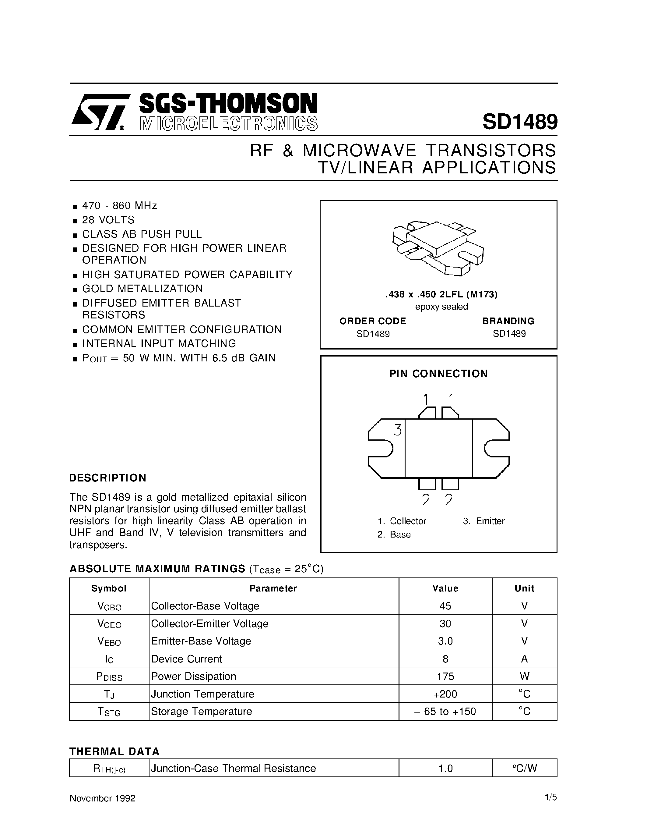 Даташит SD1489 - RF & MICROWAVE TRANSISTORS TV/LINEAR APPLICATIONS страница 1