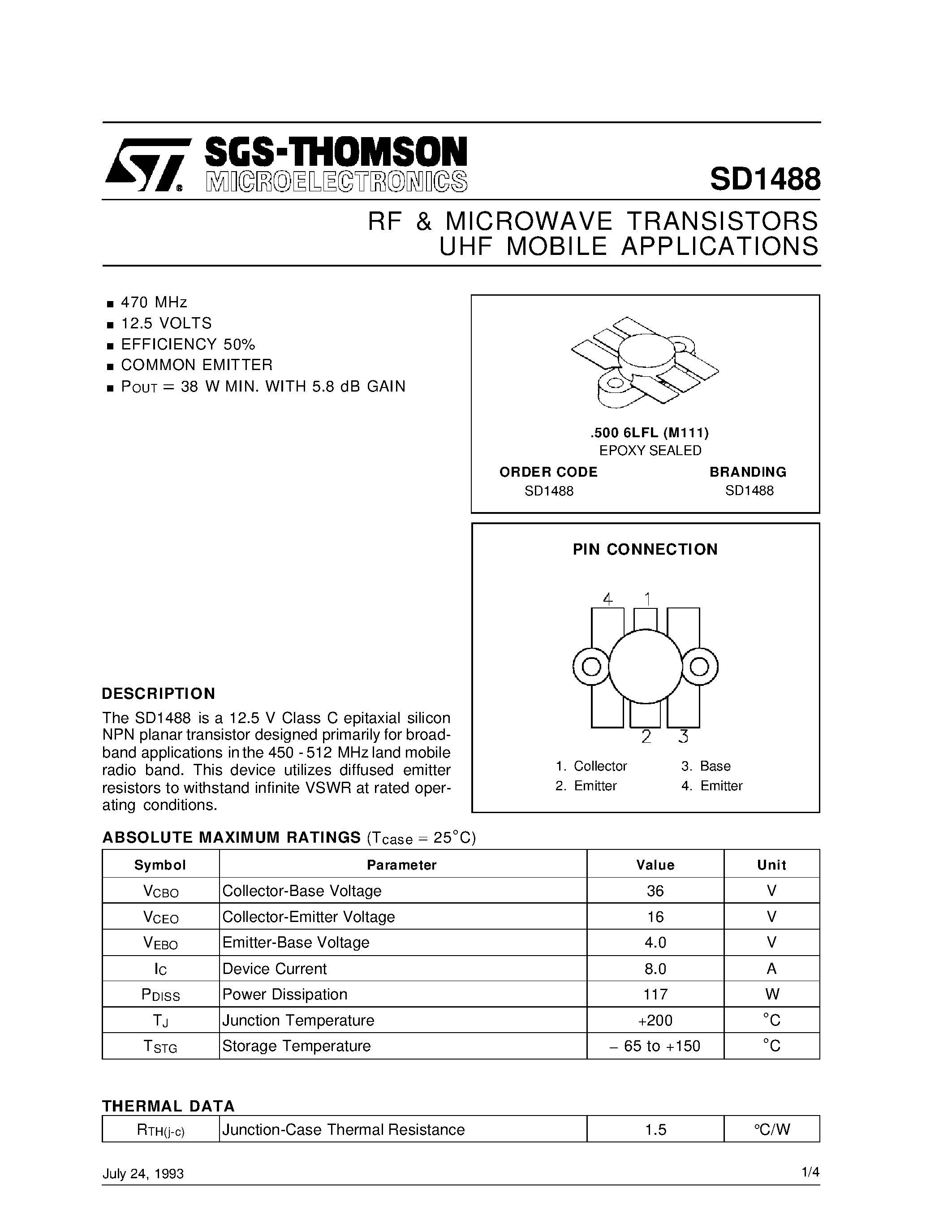 Даташит SD1488 - RF & MICROWAVE TRANSISTORS UHF MOBILE APPLICATIONS страница 1