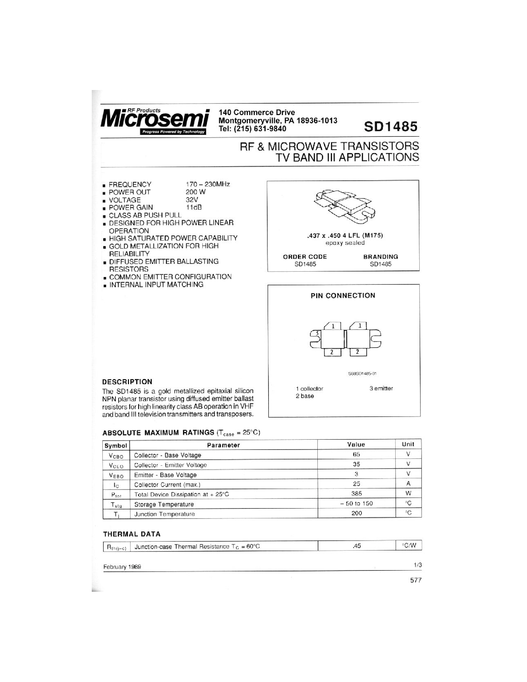 Datasheet SD1485 - RF & MICROWAVE TRANSISTORS TV BAND III APPLICATIONS page 1