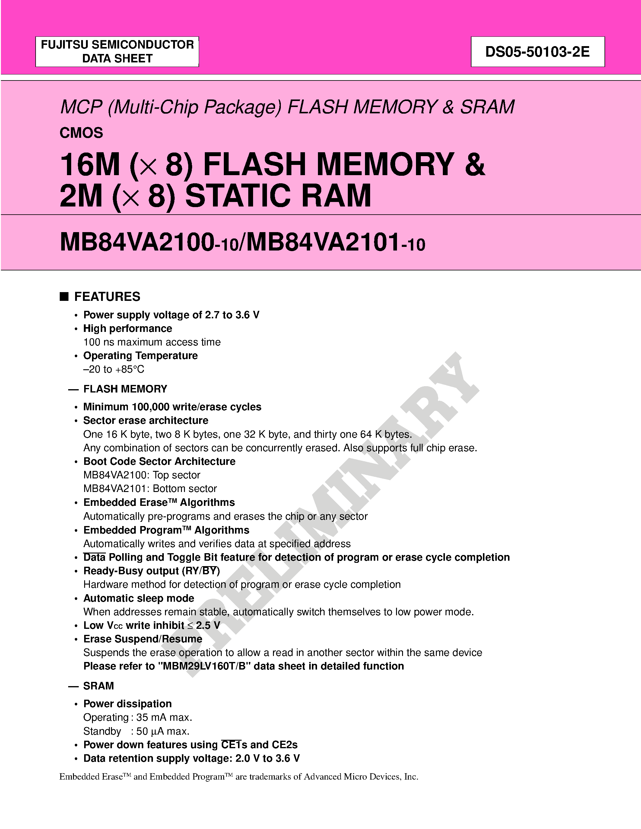 Datasheet MB84VA2100 - (MB84VA2100 / MB84VA2101) 16M (x 8) FLASH MEMORY & 2M (x 8) STATIC RAM page 1