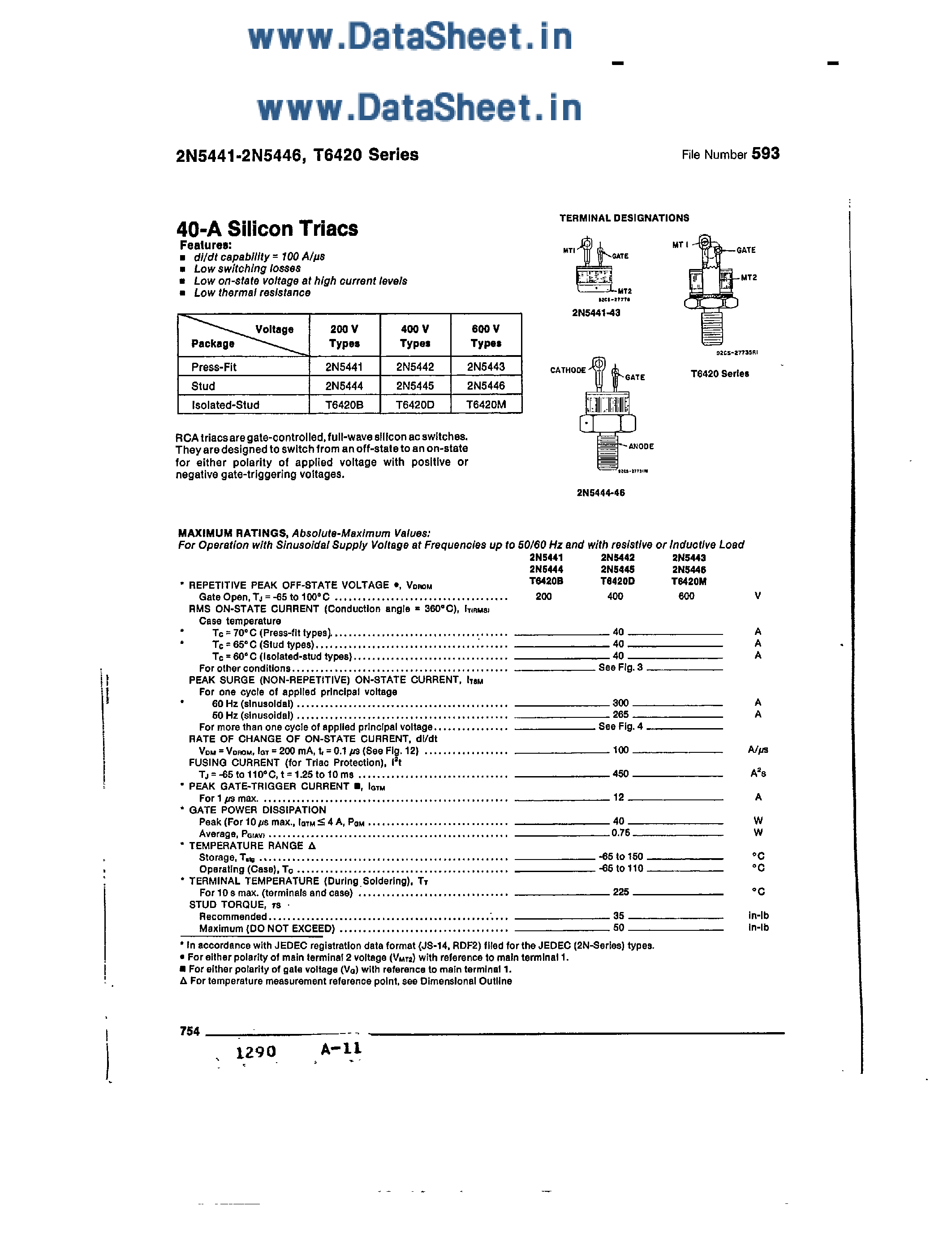 Datasheet 2N5444 - (2N5444 / 2N5446) 40-A Silicon Triacs page 1