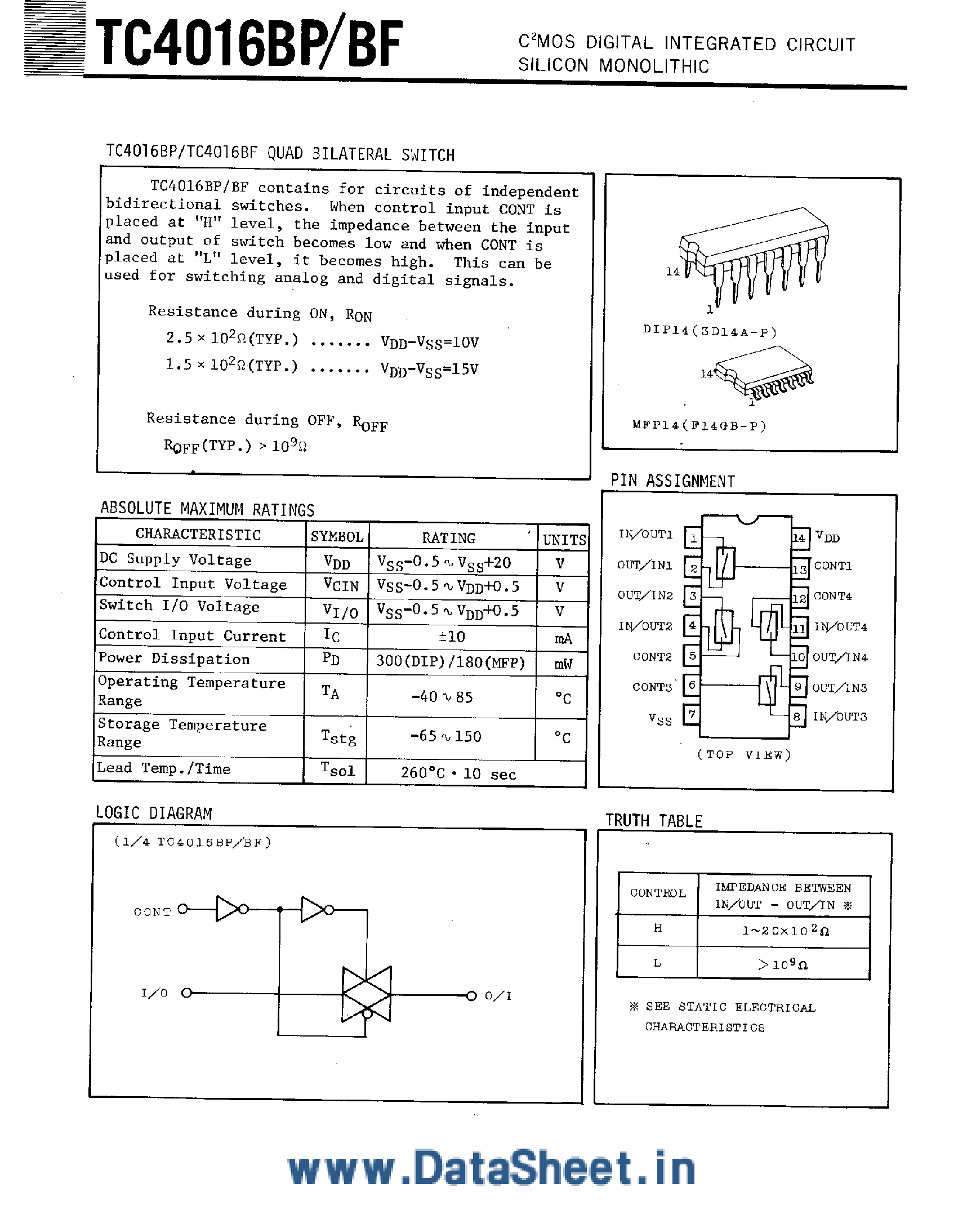 Datasheet TC4016BF - Quad Bilateral Switch page 1
