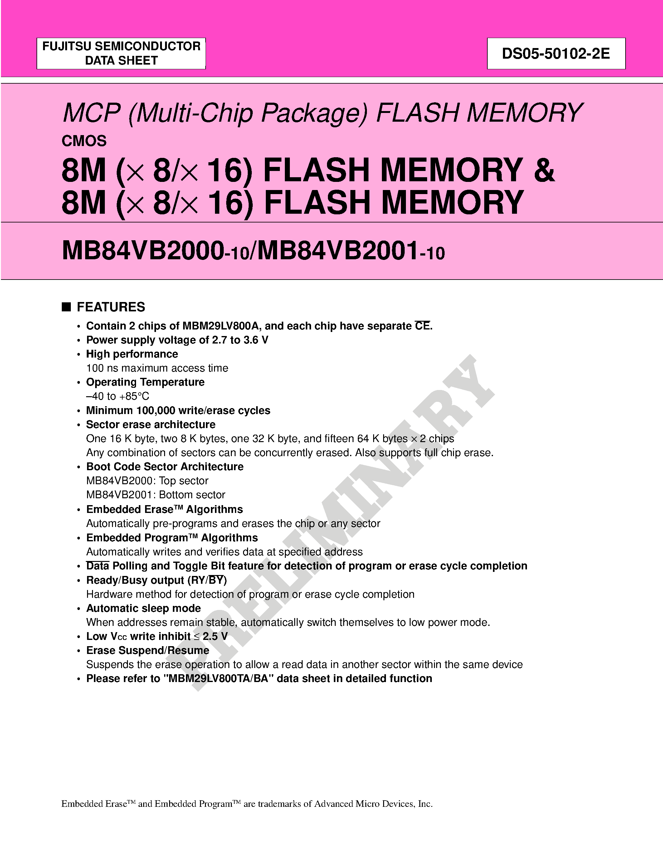 Datasheet MB84VB2000 - (MB84VB2000 / MB84VB2001) 8M (x 8/x 16) FLASH MEMORY & 8M (x 8/x 16) FLASH MEMORY page 1