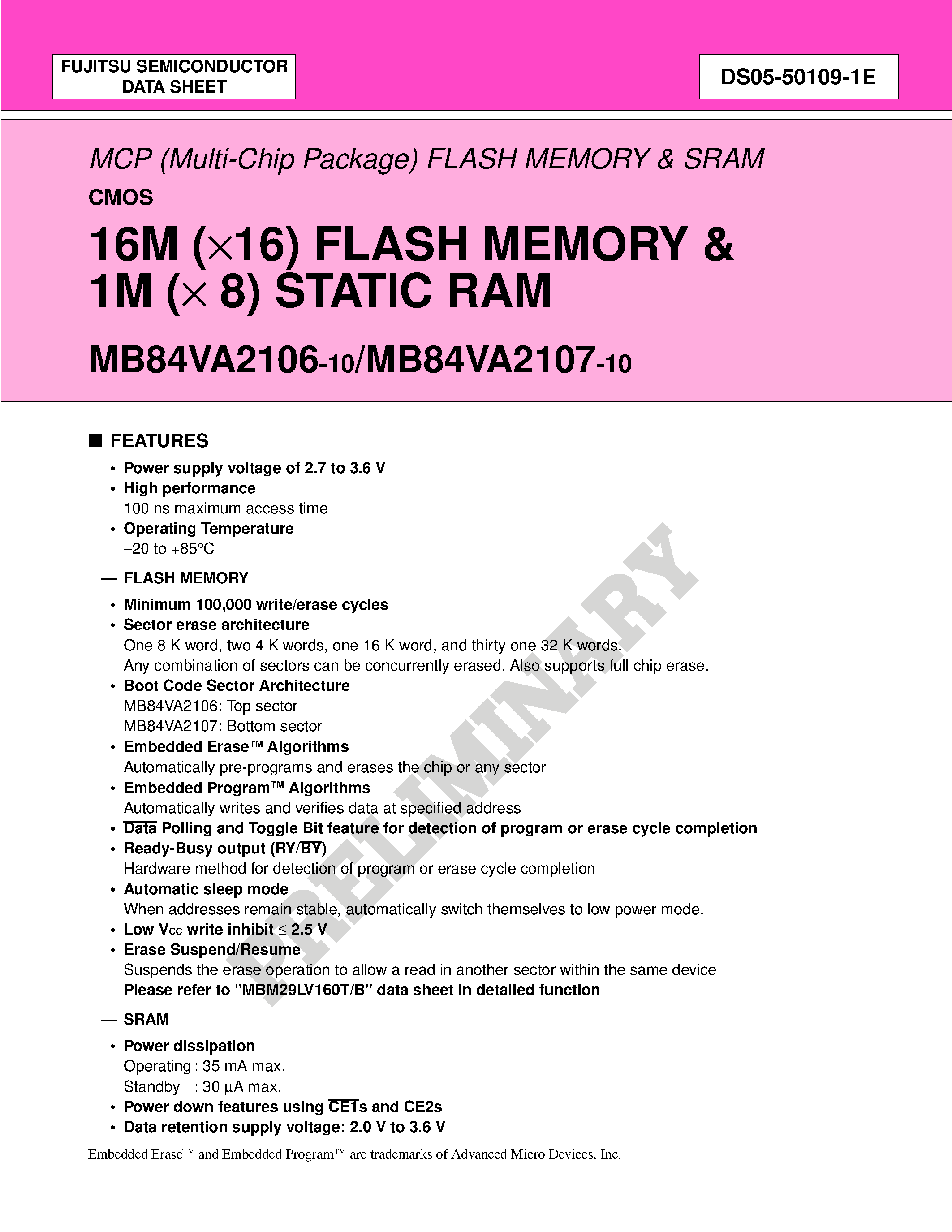 Datasheet MB84VA2106 - (MB84VA2106 / MB84VA2107) 16M (x16) FLASH MEMORY & 1M (x 8) STATIC RAM page 1