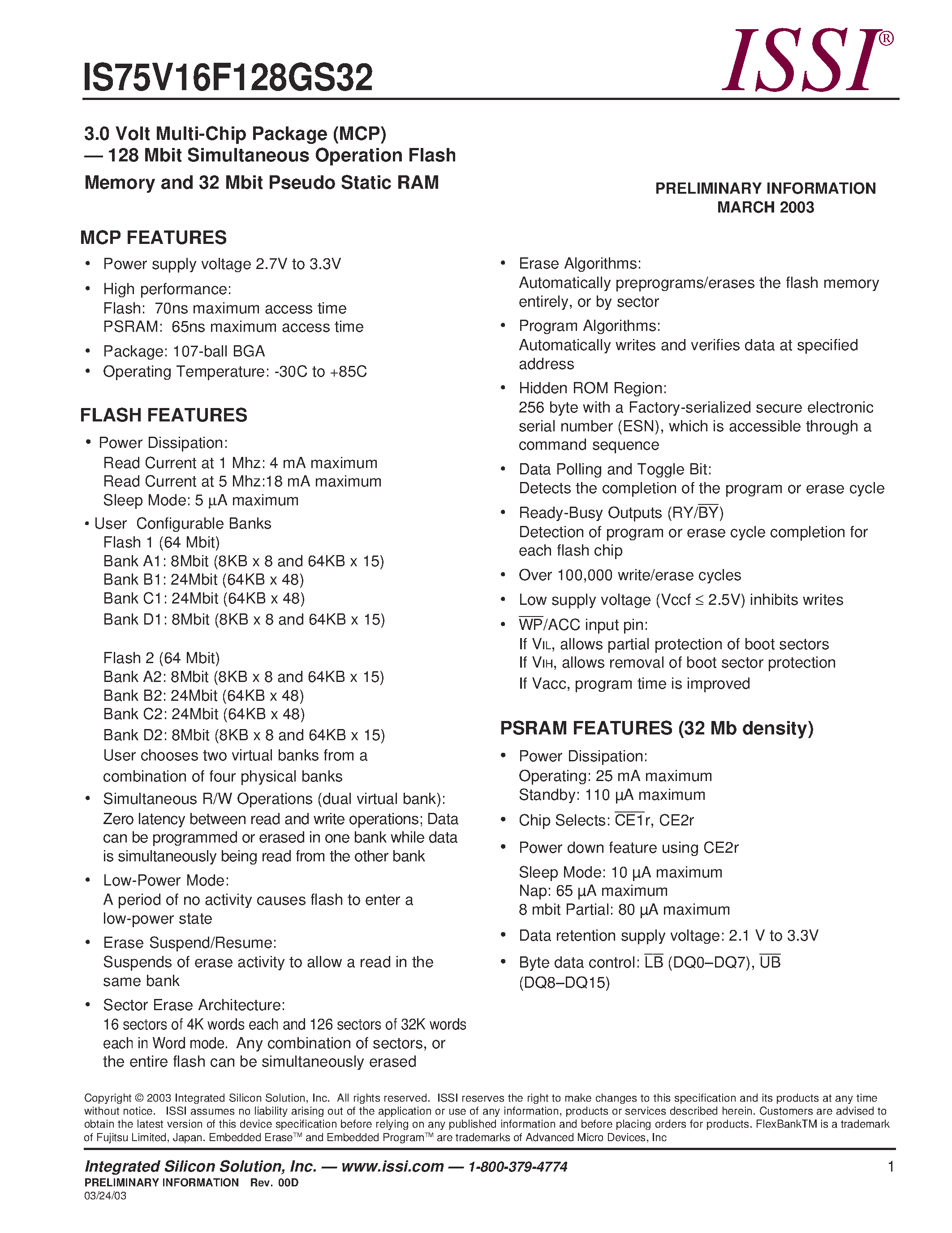 Datasheet IS75V16F128GS32 - 3.0 Volt Multi-Chip Package (MCP) 128 Mbit Simultaneous Operation Flash Memory and 32 Mbit Pseudo Static RAM page 1