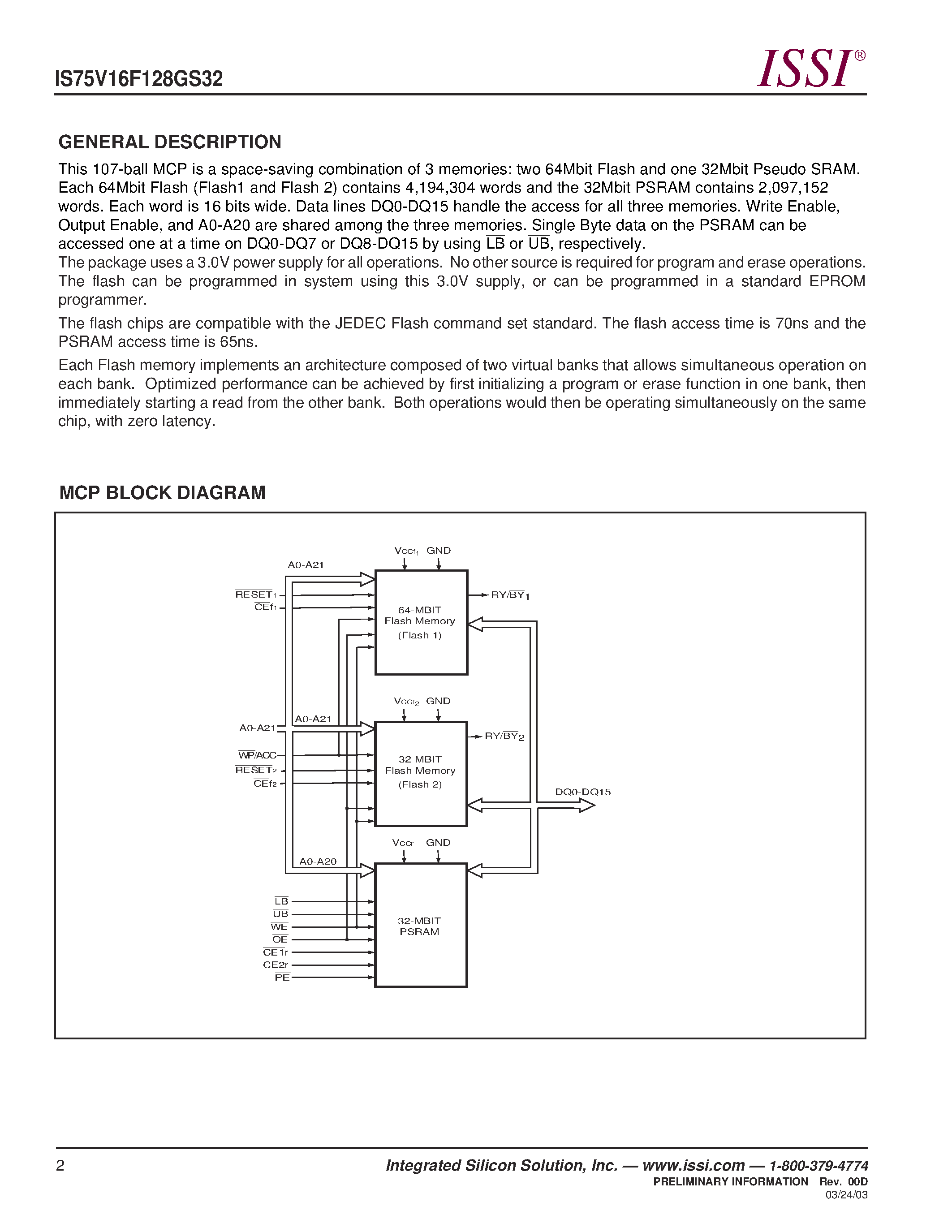 Datasheet IS75V16F128GS32 - 3.0 Volt Multi-Chip Package (MCP) 128 Mbit Simultaneous Operation Flash Memory and 32 Mbit Pseudo Static RAM page 2