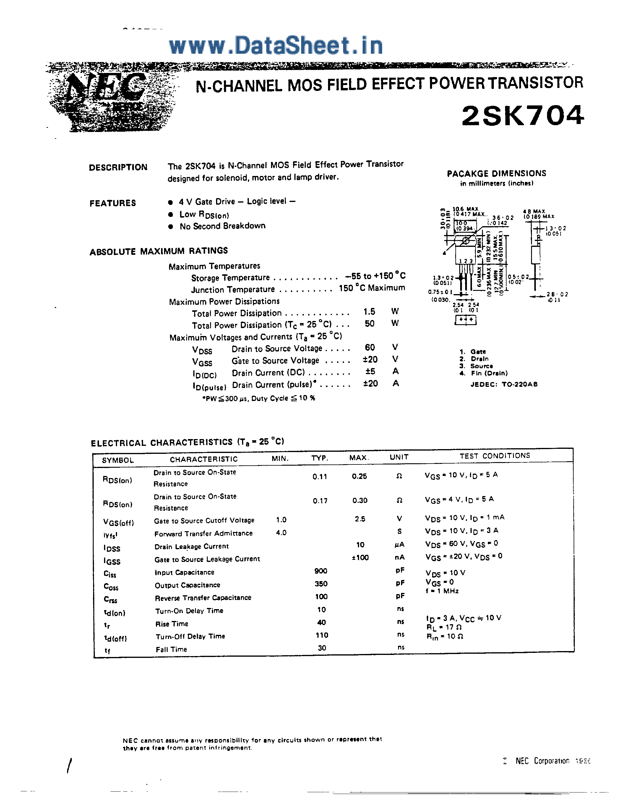 Datasheet 2SK704 - N - CHANNEL MOS FIELD EFFECT POWER TRANSISTOR page 1