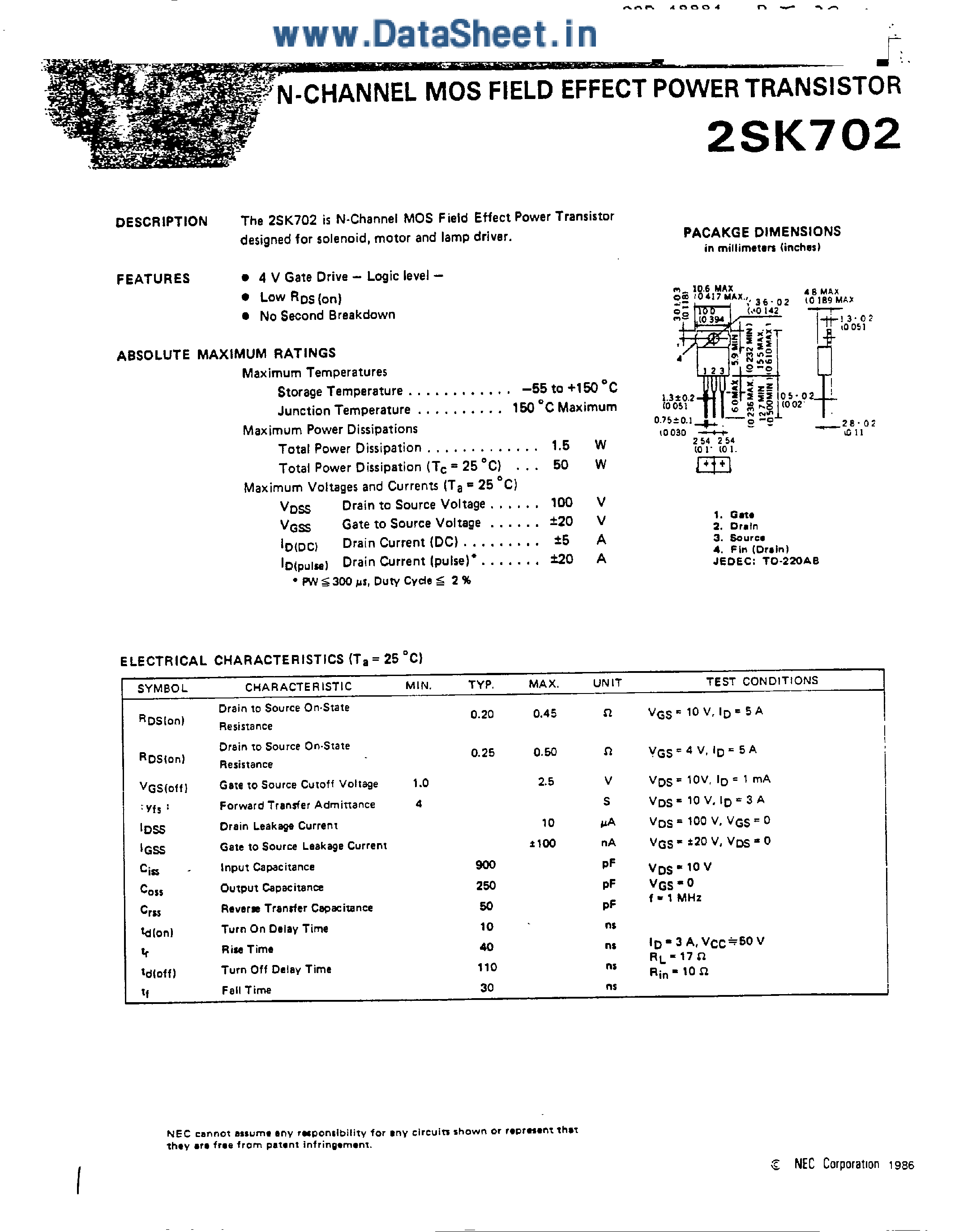 Datasheet 2SK702 page 1 Datasheet 2SK702 - N-CHANNEL MOS FIELD EFFECT POWER TRANSISTOR page 1