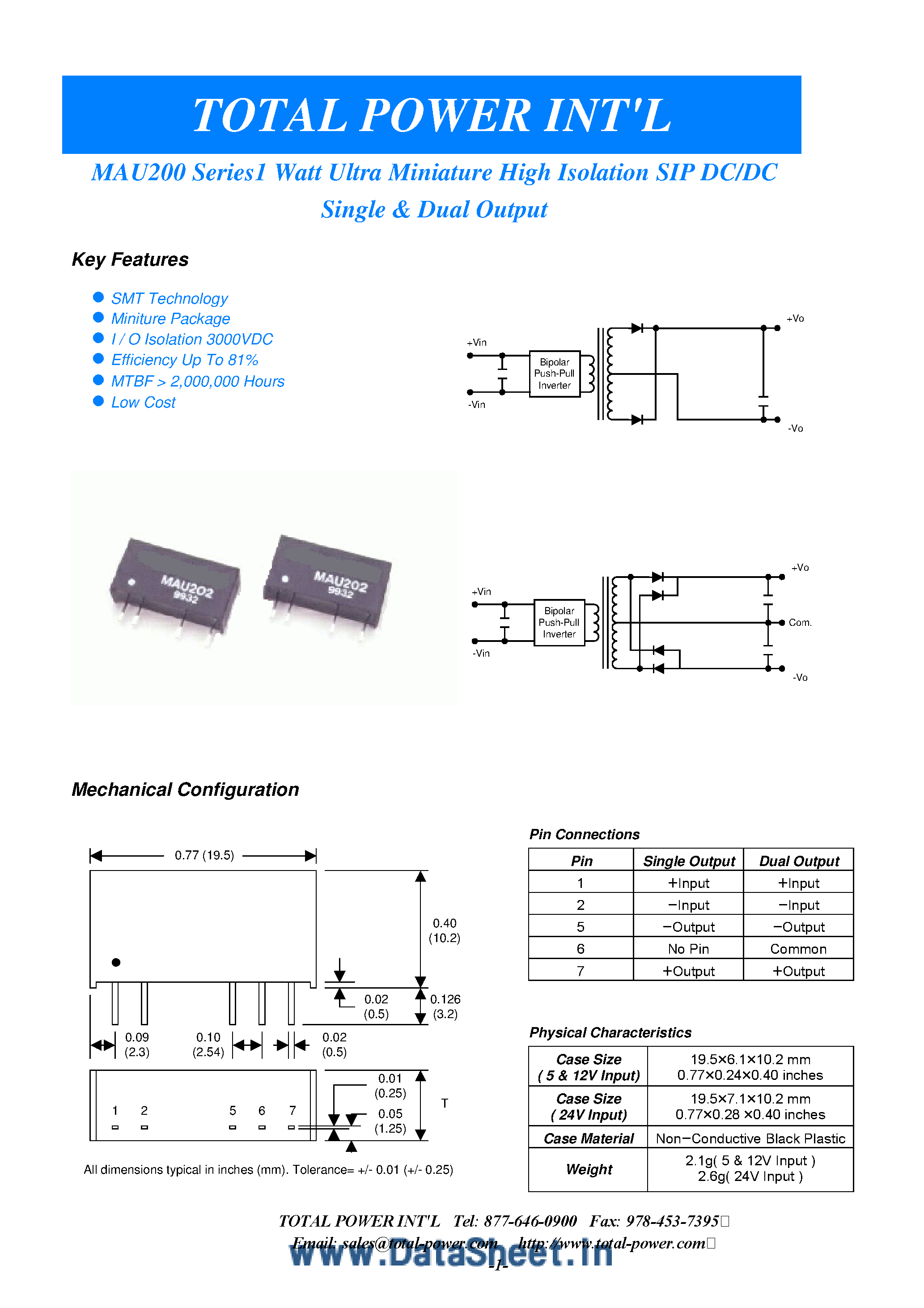 Datasheet MAU200 - (MAU200 - MAU229) 1 Watt Ultra Miniature High Isolation SIP DC/DC Converter page 1