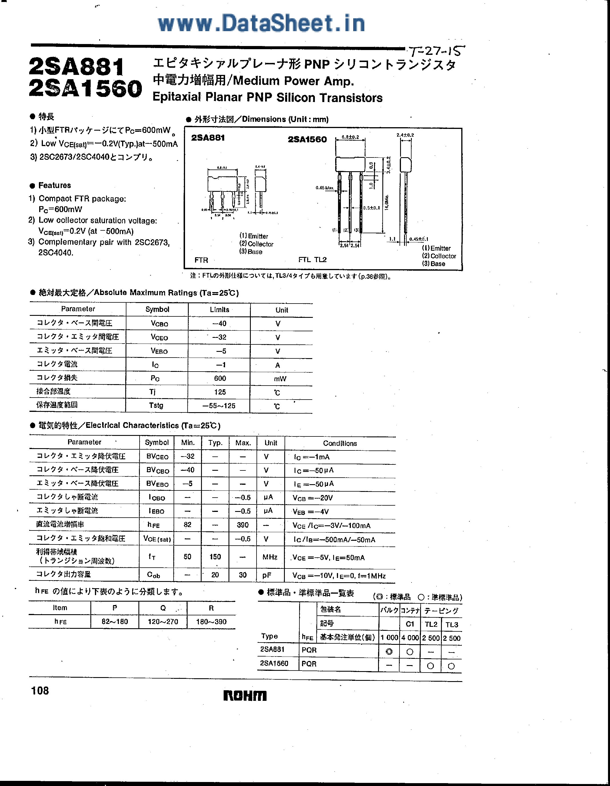 Даташит 2SA1560 - (2SA1560 / 2SA881) Epitaxial Planar PNP Silicon Transistors страница 1