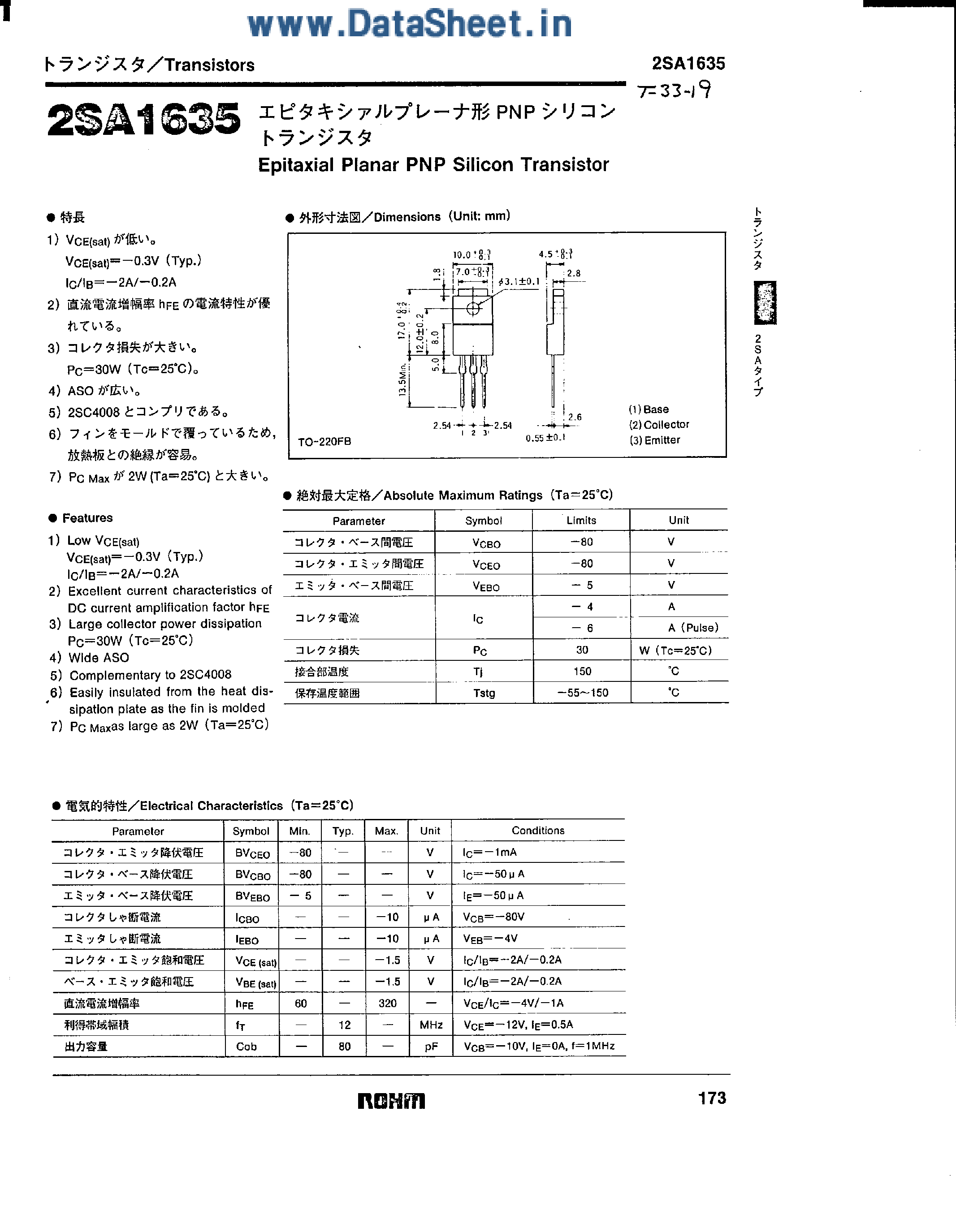 Datasheet 2SA1635 - Epitaxial Planar PNP Silicon Transistor page 1