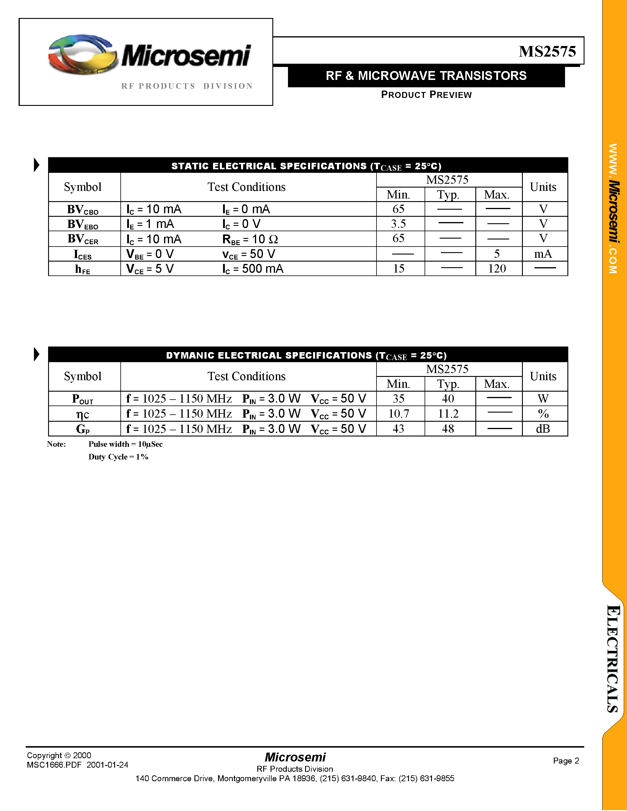 Datasheet MS2575 - RF & MICROWAVE TRANSISTORS page 2