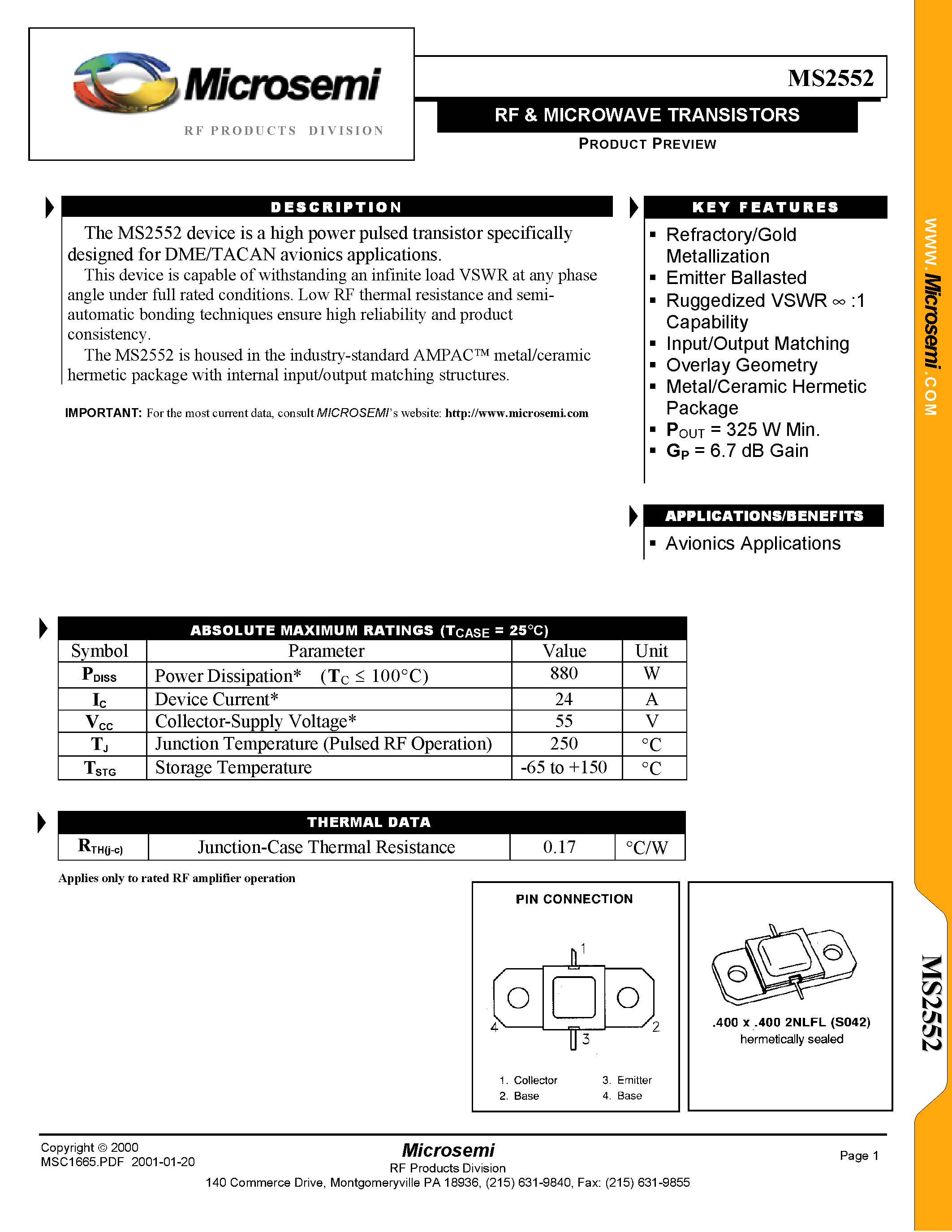 Datasheet MS2552 - RF & MICROWAVE TRANSISTORS page 1